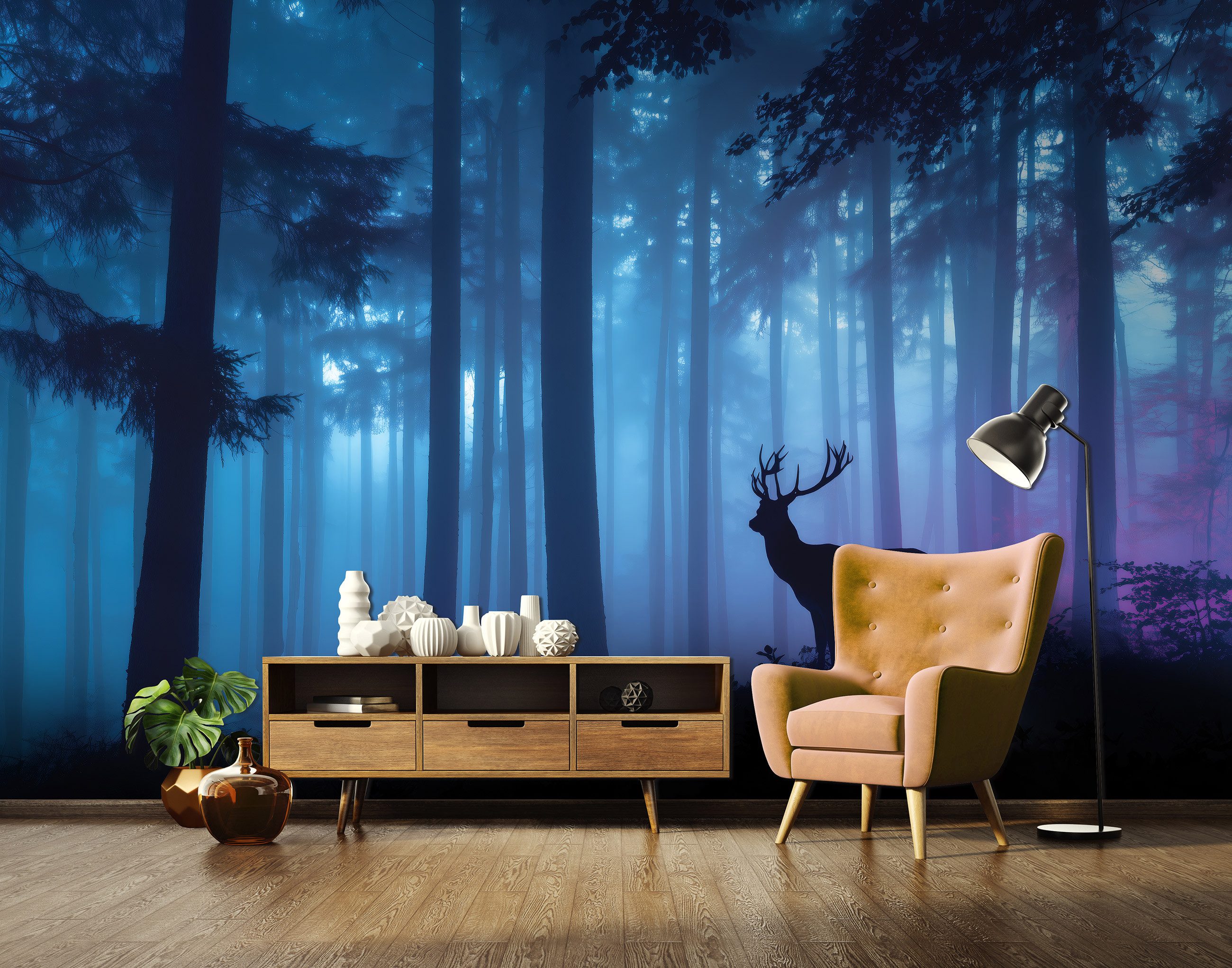 Wallarena Fototapete Wald Hirsch - Blau - Modern - Vlies - Schlafzimmer, glatt, (3 St), 150x105cm