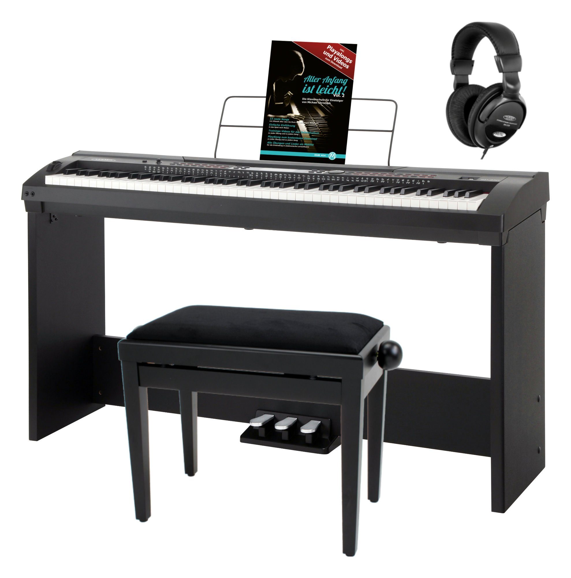 Classic Cantabile Stage-Piano SP-250 Stagepiano - 88 echte Hammertasten mit Anschlagdynamik, (Home-Set, inkl. Unterbau, Pianobank, Kopfhörer & Schule), Klaviatur mit Splitfunktion, Lernmodus, USB-MIDI (In/Out)