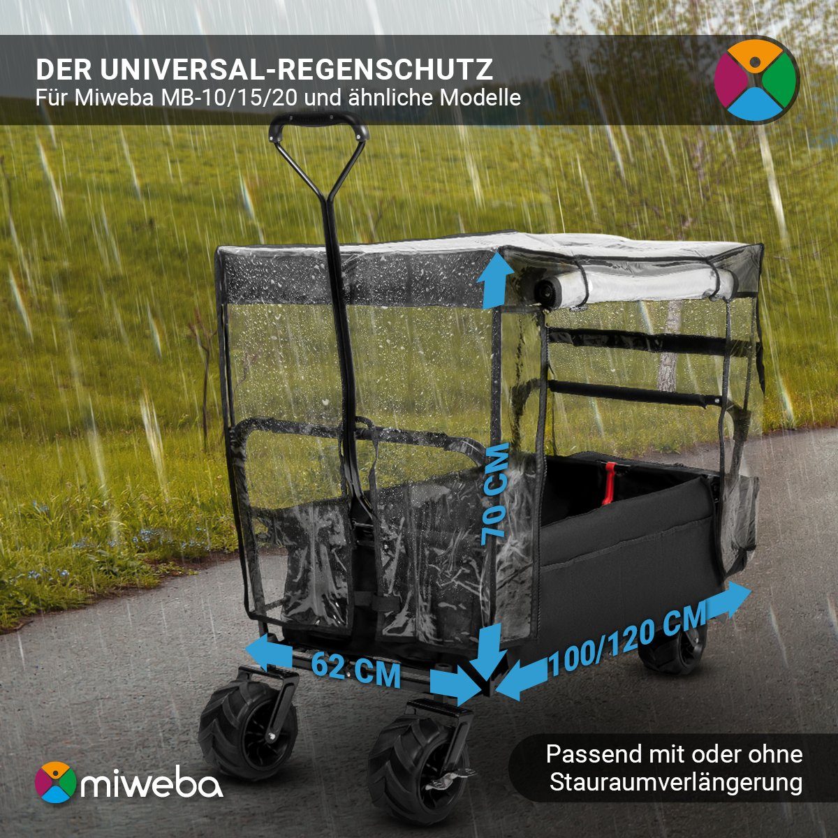 miweba Kinderwagen-Regenschutzhülle für Bollerwagen MB-10 / MB-15 / MB-20 Regenschutz (Fenster für Lüftung, Be- und Entladung, Ein- und Ausstieg, inkl. Befestigung, 1-St., Regenschutzhülle - alle gängigen Bollerwägen), Wasser- und winddicht - Reißverschluss - transparent
