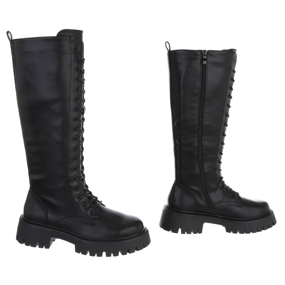 Ital-Design Kniehohe Schnürboots für Damen mit profilierter Laufsohle Plateaustiefel (91154520) Blockabsatz Stiefel in Schwarz – Bild 4 von 5