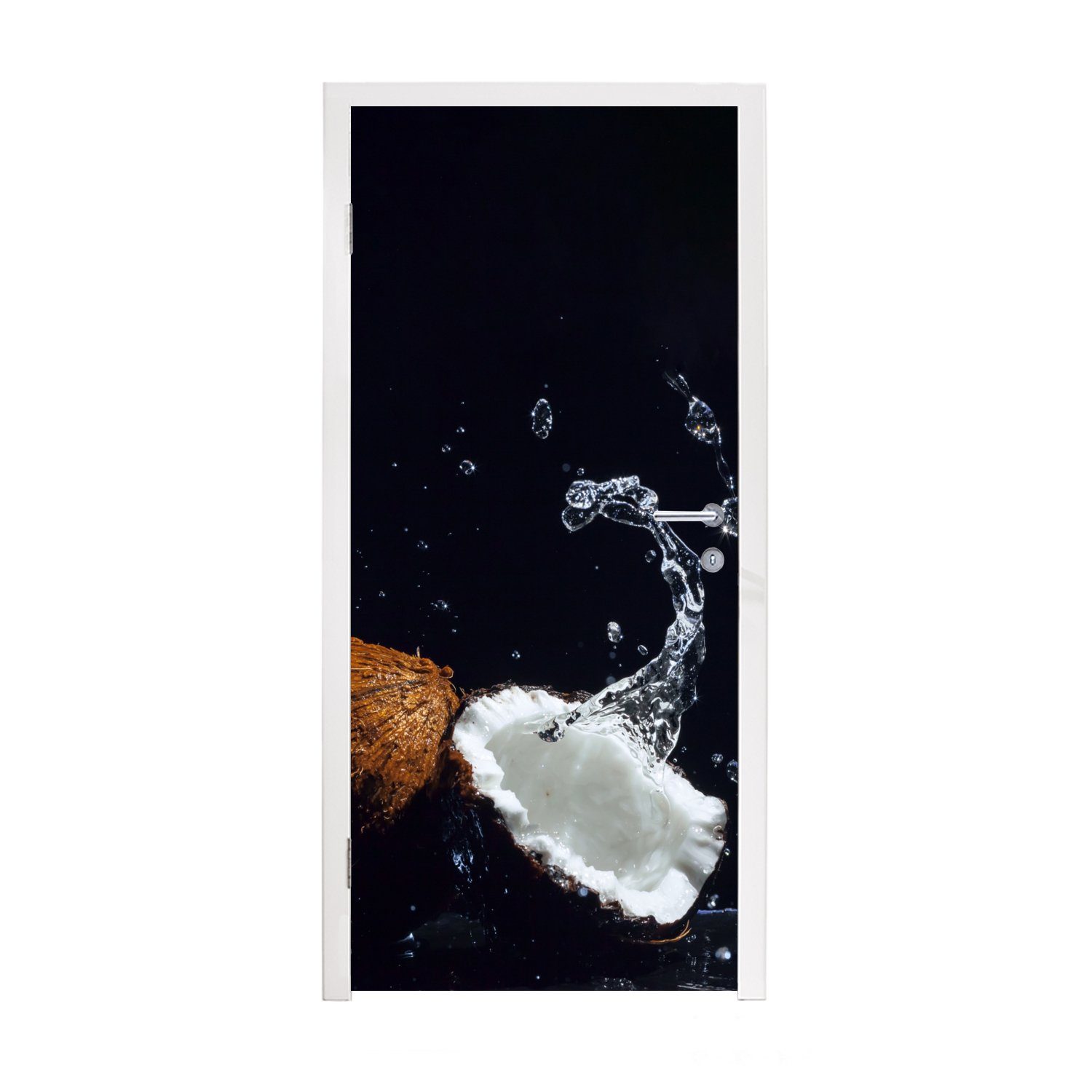 MuchoWow Türtapete Kokosnuss - Stillleben - Wasser - Schwarz - Frucht, Matt, bedruckt, (1 St), Fototapete für Tür, Türaufkleber, 75x205 cm