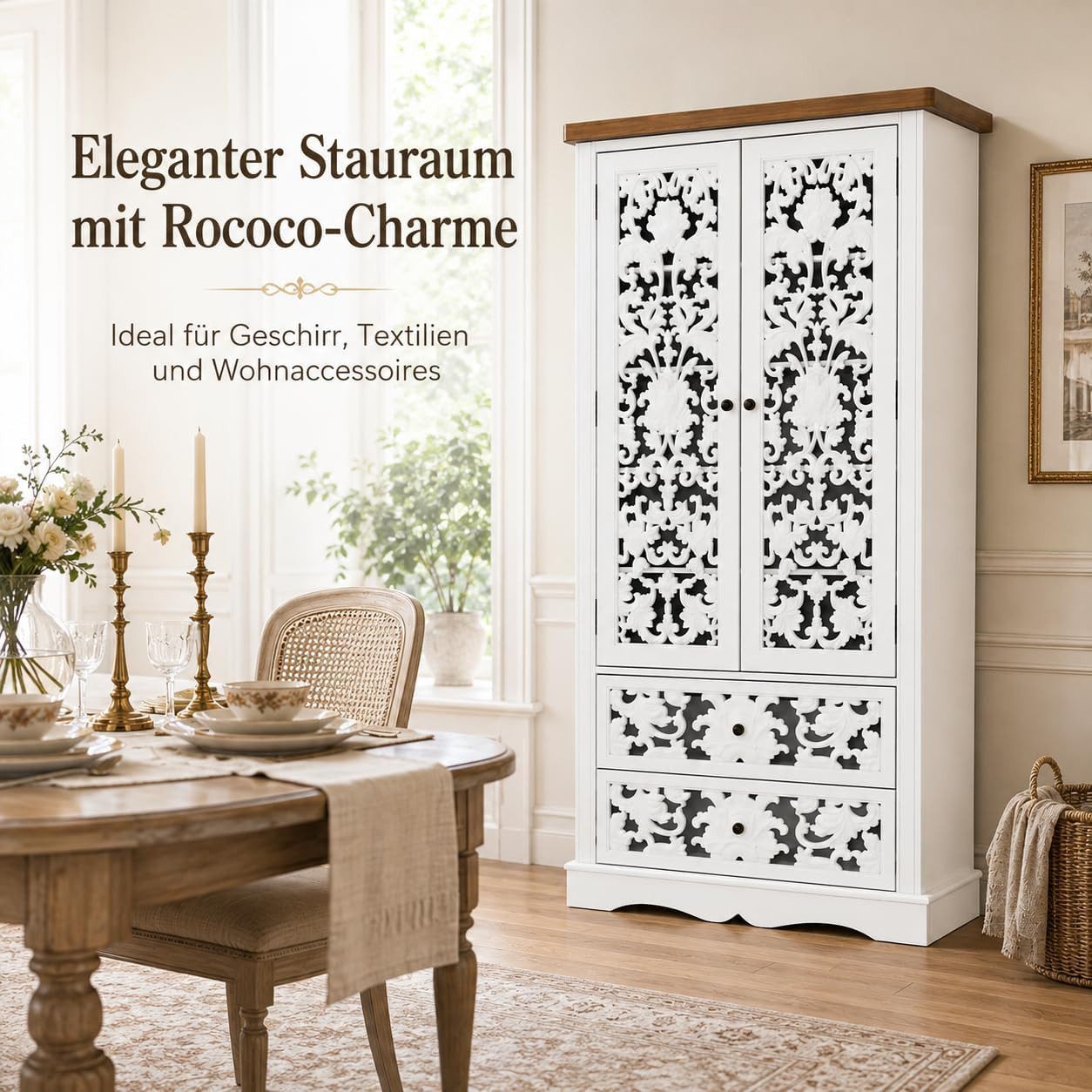 FUFU&GAGA Buffet Geschirrschrank mit geschnitzten Türen, Weiß, HDF, 84×40×168 cm – Bild 5 von 5