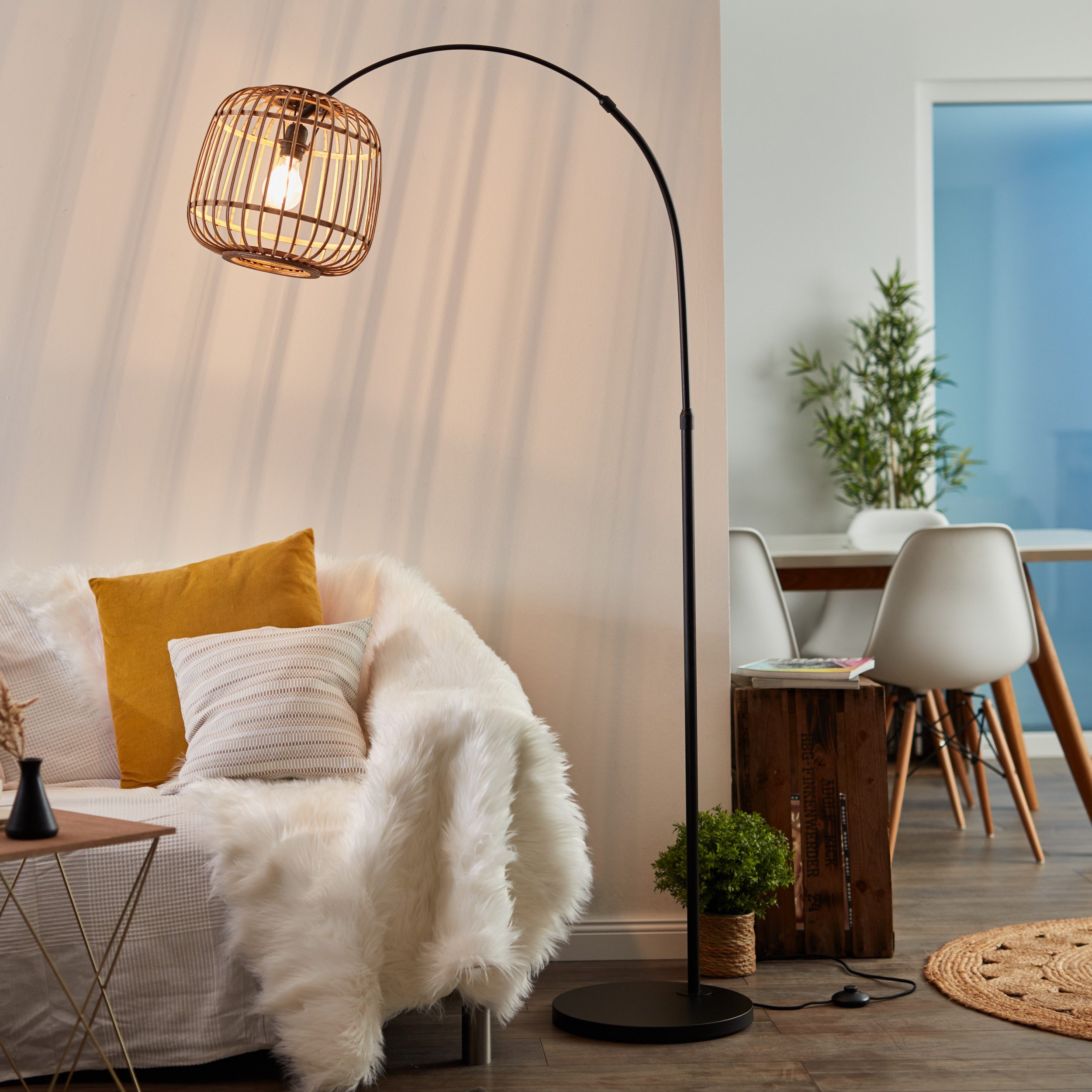 Lightbox Stehlampe, ohne Leuchtmittel, Standleuchte Stehlampe im Nature Style in schwarz natur Rattan Schirm