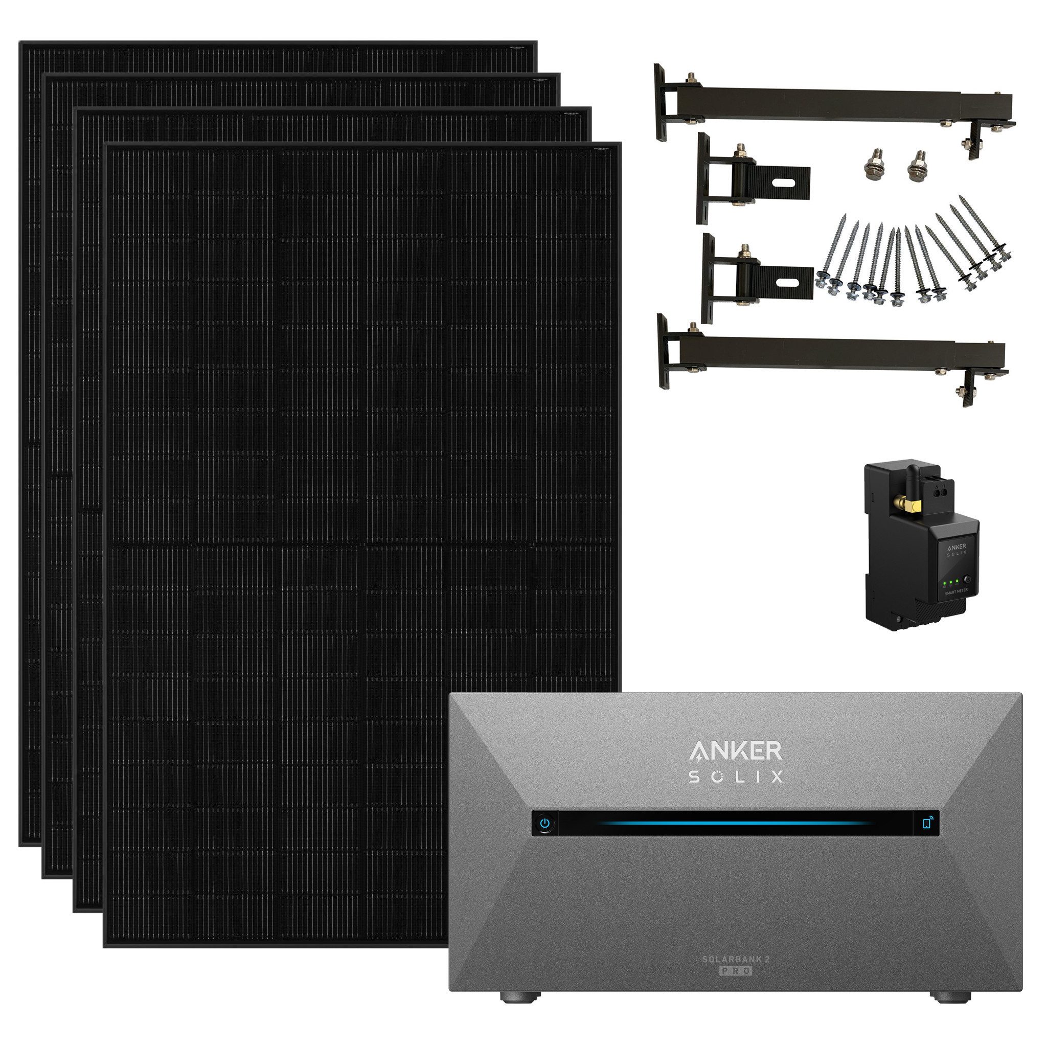 Anker Balkonkraftwerk Solix 1820W Photovoltaikanlage Komplettset mit Solarbank E1600 2 Pro, 1820 W, N typ Glas-Glas, Vollschwarz, (Set, 4-St., 4 Solarmodule+1 Anker Solix 2 Pro+0/1 Smarte Meter +0/1/2 BP1600), integriertem Wechselrichter, Wifi, Bluetooth,