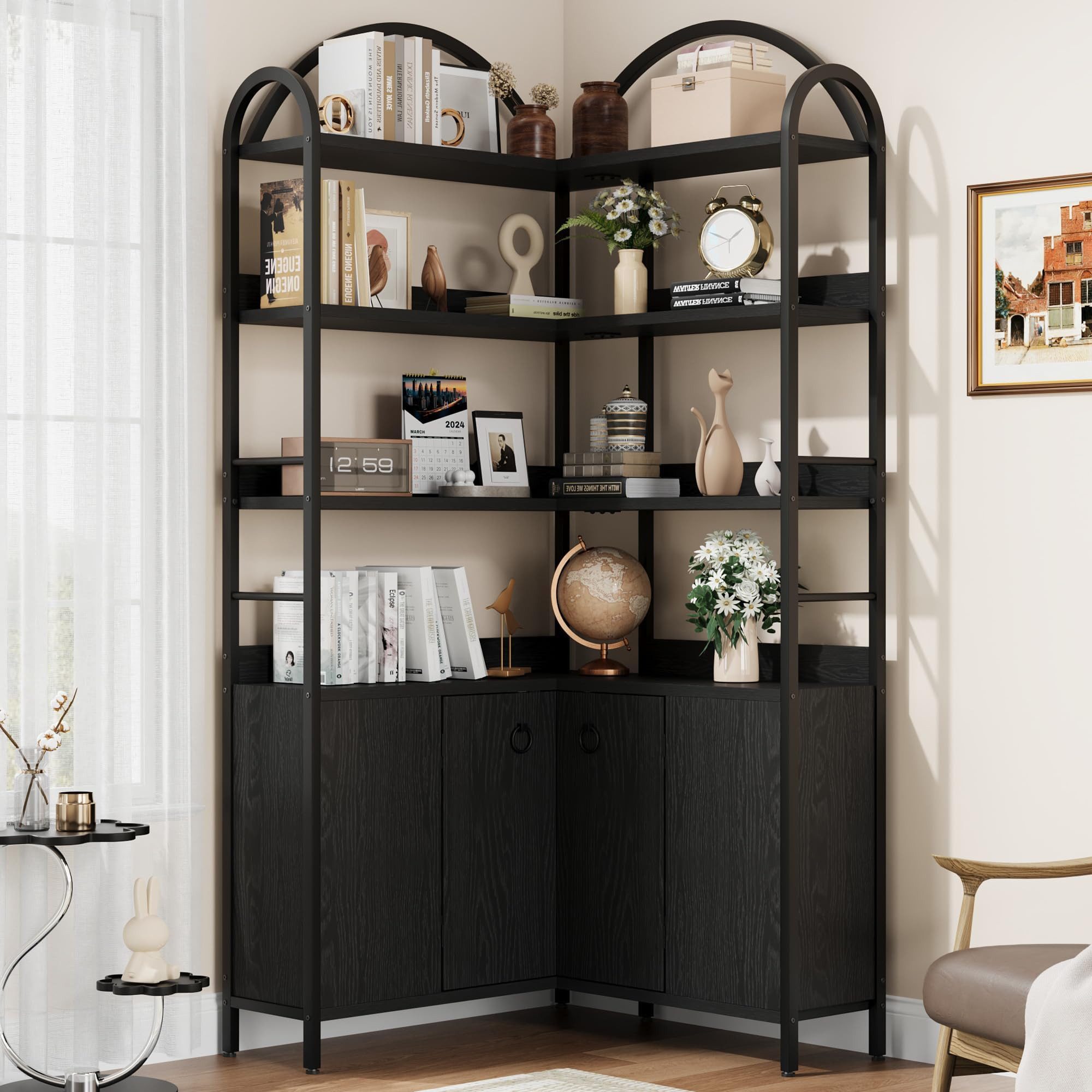 GarveeMore Bücherregal 6 Ebenen L-förmiges Eckregal Ablageregal Stauraumregal Mehrzweckregal, 189 cm Bogen Eckbücherregal Aktenregal Regal Standregal, Metallrahmen