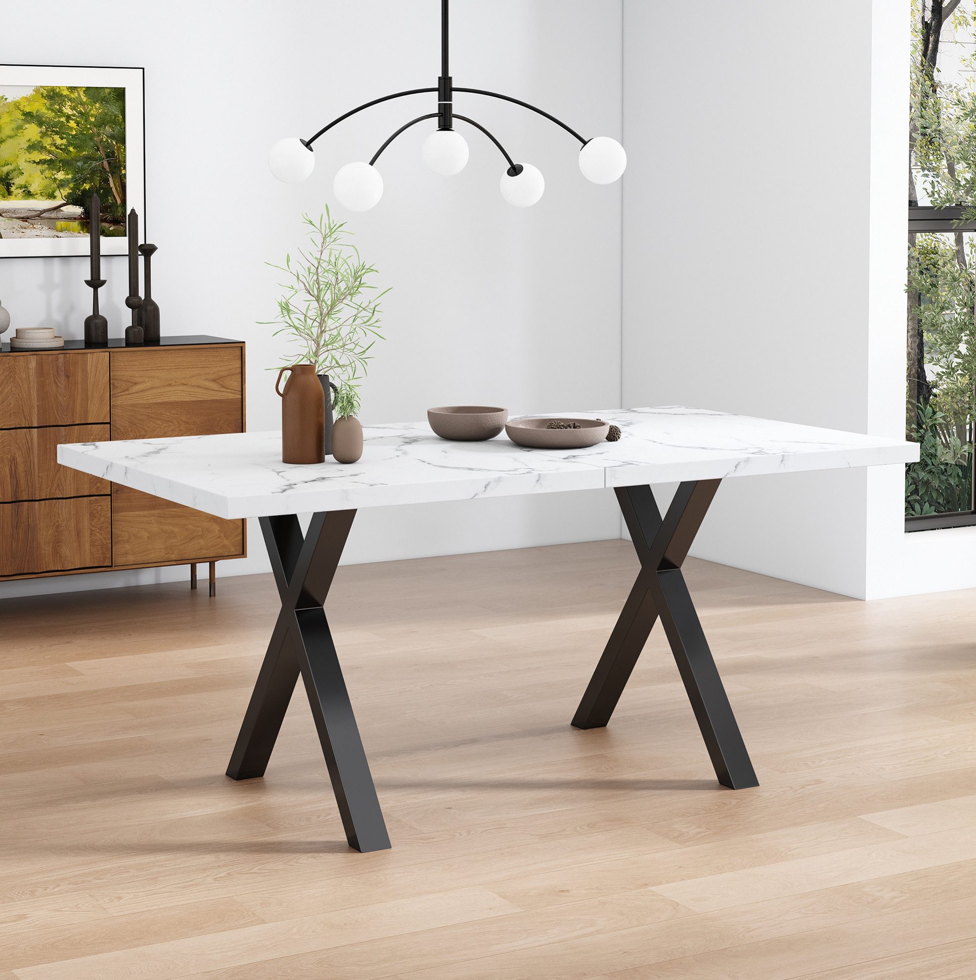 REDOM Esstisch Tisch mit gekreuzten Beinen – 140×80×76 cm (1-St., Schwarz+Weiß, für Esszimmer & Wohnzimmer), Marmorstruktur, stabil, vielseitig