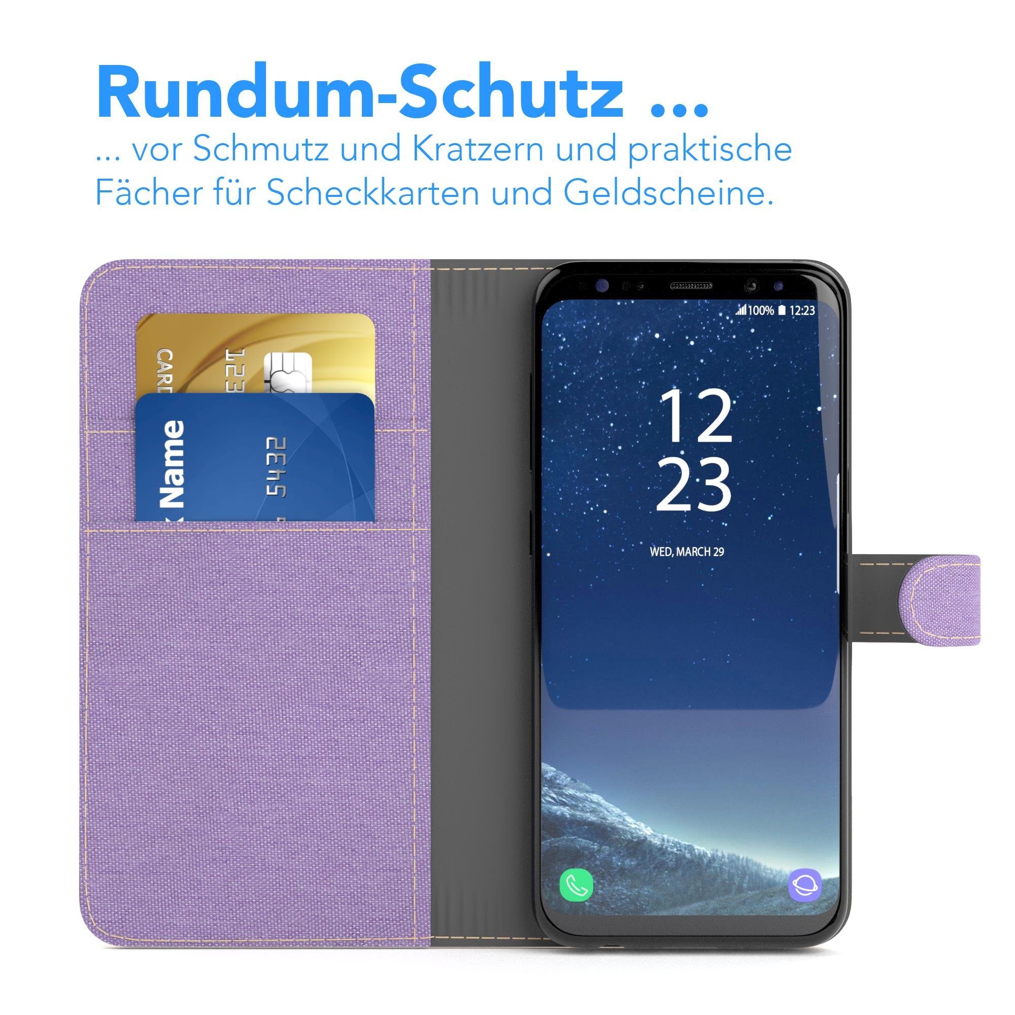 EAZY CASE Handyhülle Bookstyle Jeans für Samsung Galaxy S8 5,8 Zoll, Bookstyle Klapphülle mit Visitenkartenfach aus Kunstleder Lila Violett