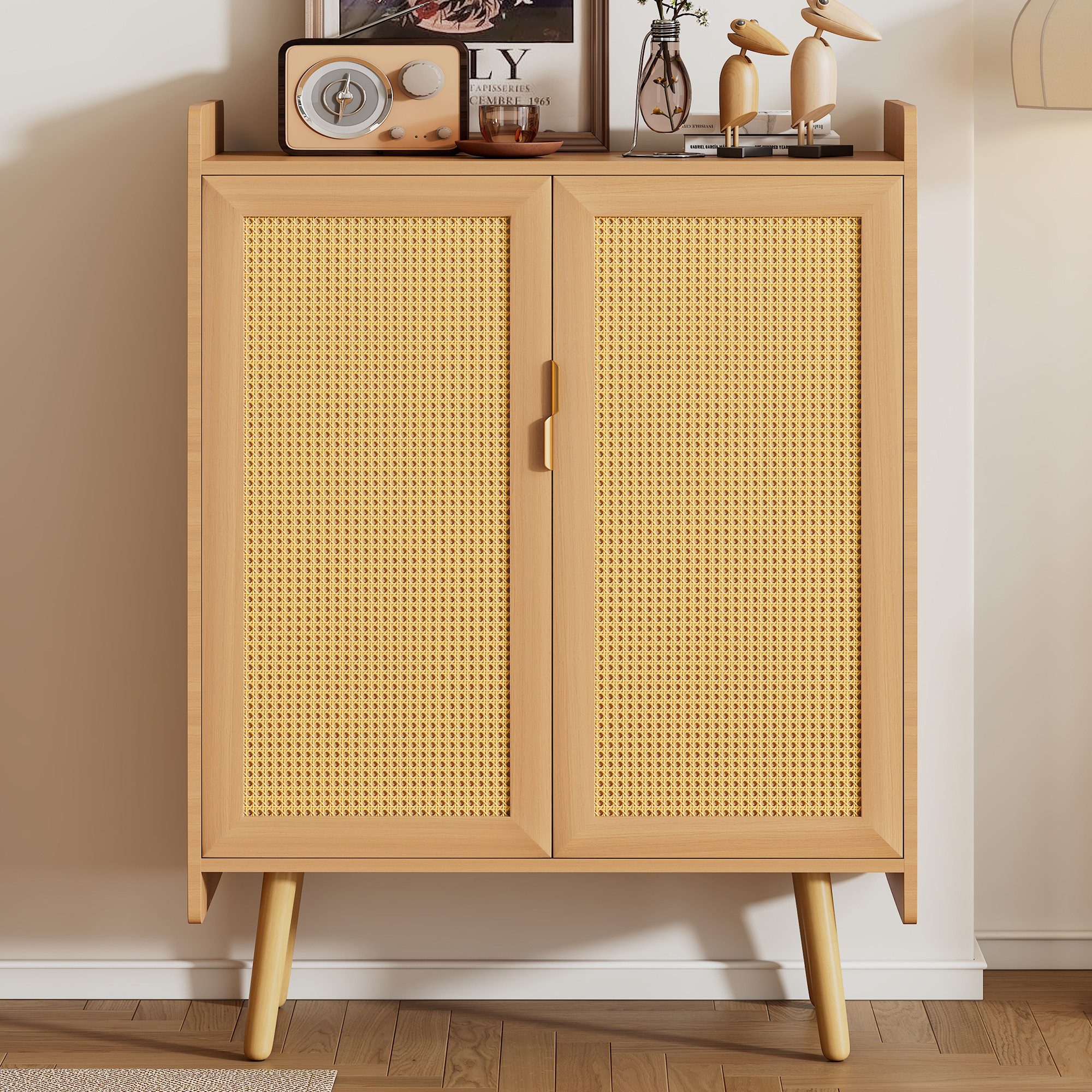 Blusmart Sideboard Sideboard-Kommode mit 2 Türen (verstellbaren Einlegeböden und geflochtenem Rattan-Design, 1 St., Schuhschrank mit Metallgriffen und Massivholzfüßen), B80/T35/H105,5 cm