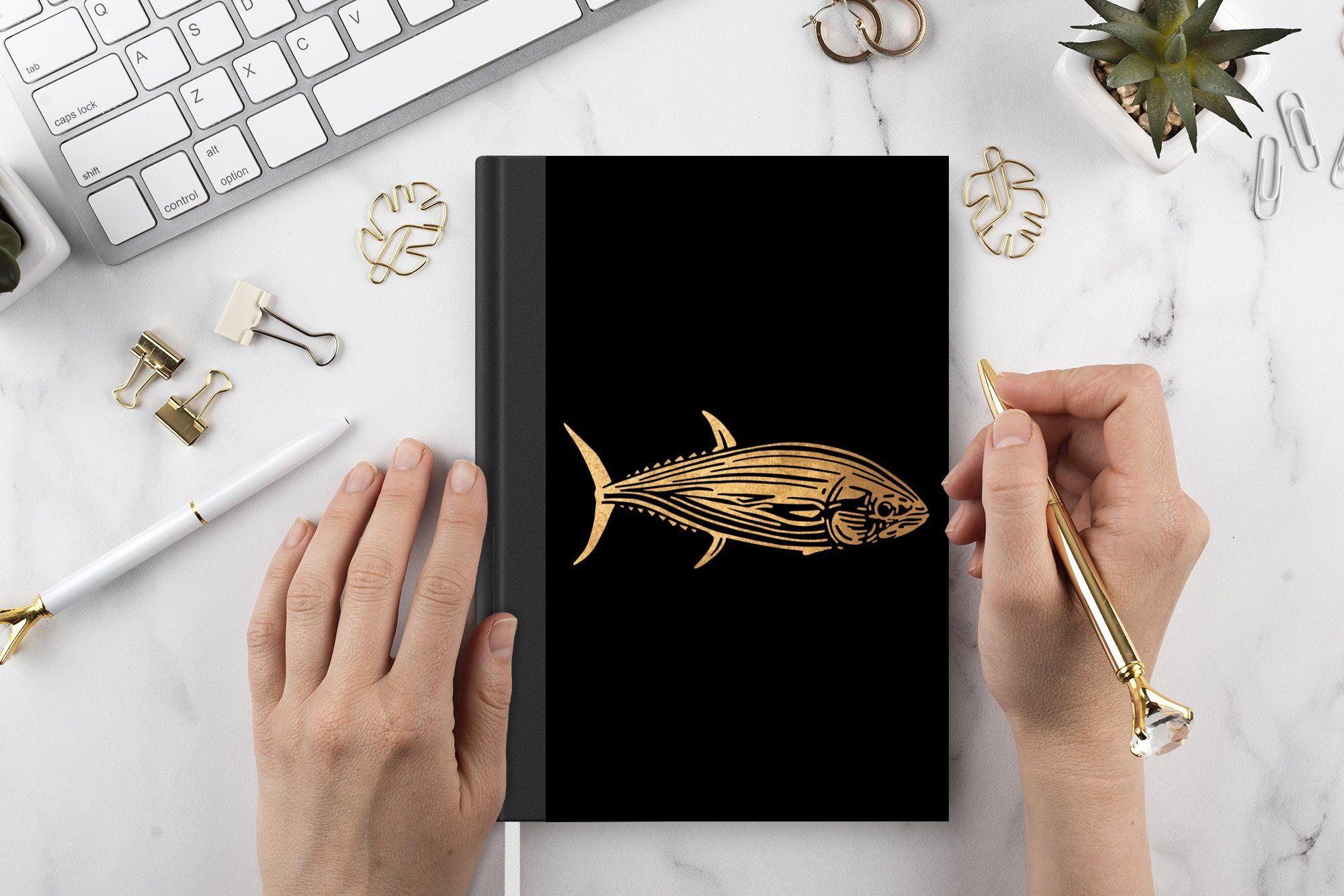 MuchoWow Notizbuch Tagebuch, Gold, Design 98 - Haushaltsbuch Journal, - Fisch Thunfisch Notizheft, Merkzettel, - Seiten, A5