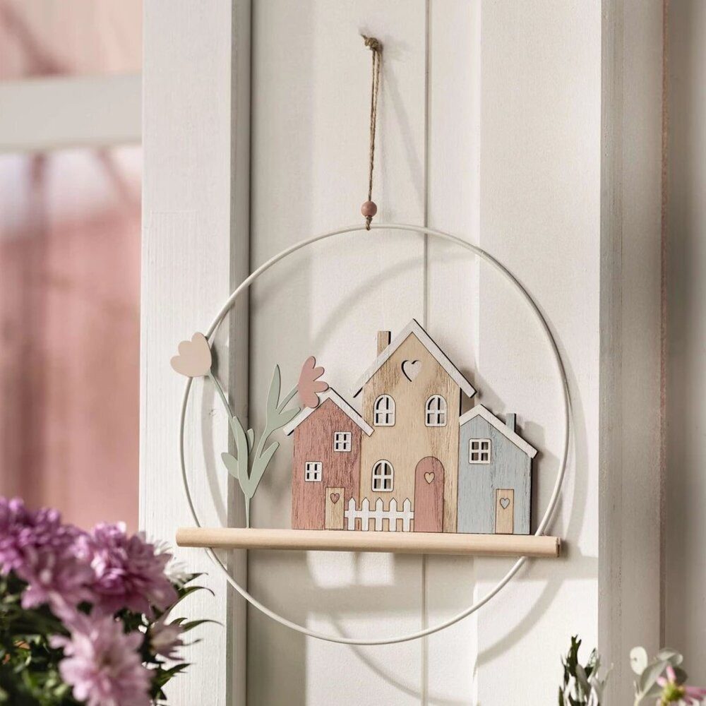 Home-trends24.de Dekohänger Haus Deko Ring Hänger Blume Wand Holz Metall Fenster Kranz Tür Metall