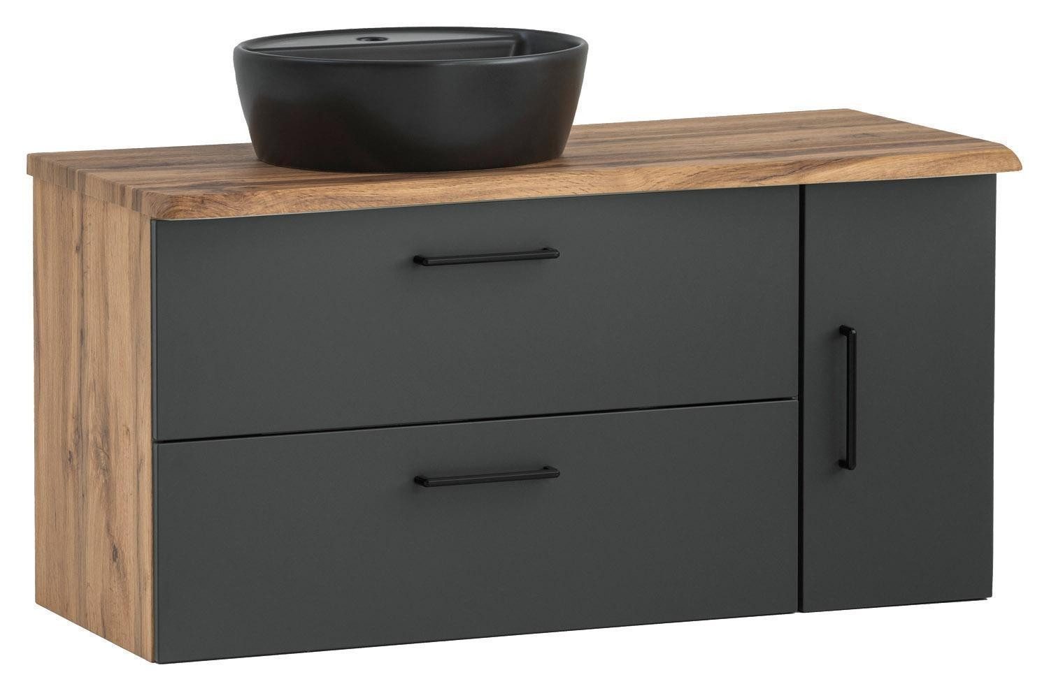 Vito Waschtisch-Set KEYTO, 2-teilig, 1 Tür, 2 Schubladen, Grau matt, Wotan Eiche Dekor, inkl. Keramikwaschbecken, B 105 x H 67,5 cm T 47 cm
