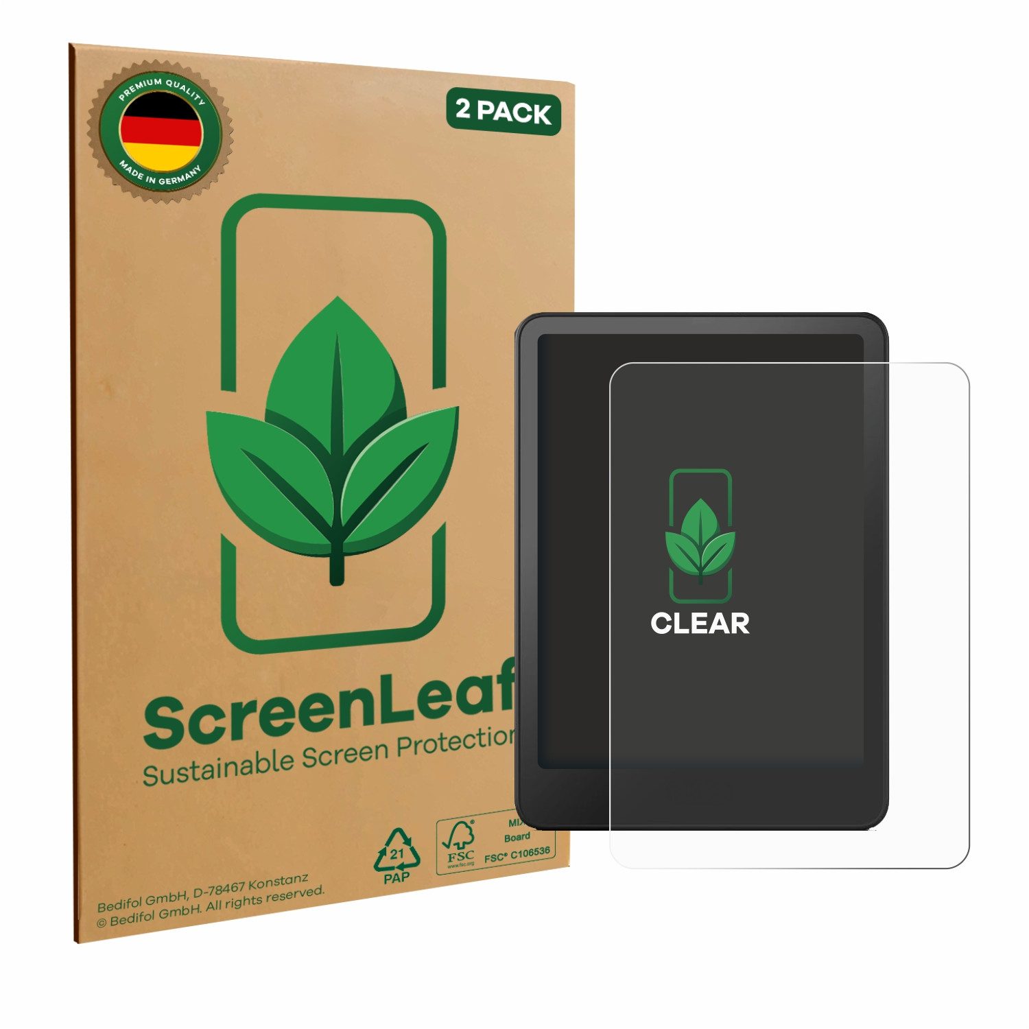 ScreenLeaf Displayschutzfolie Schutzfolie für Amazon Kindle Paperwhite 2024 Signature Edition (12. Gen), 2 Stück, nachhaltiger Displayschutz Schutz Folie Klar Transparent
