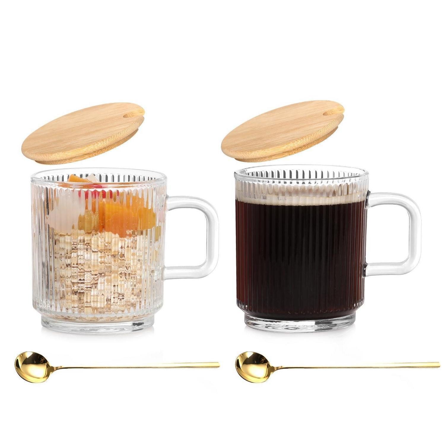 LuxusKollektion Latte-Macchiato-Glas Cappuccino Tassen 350ml mit Deckel Löffel Set, Glas