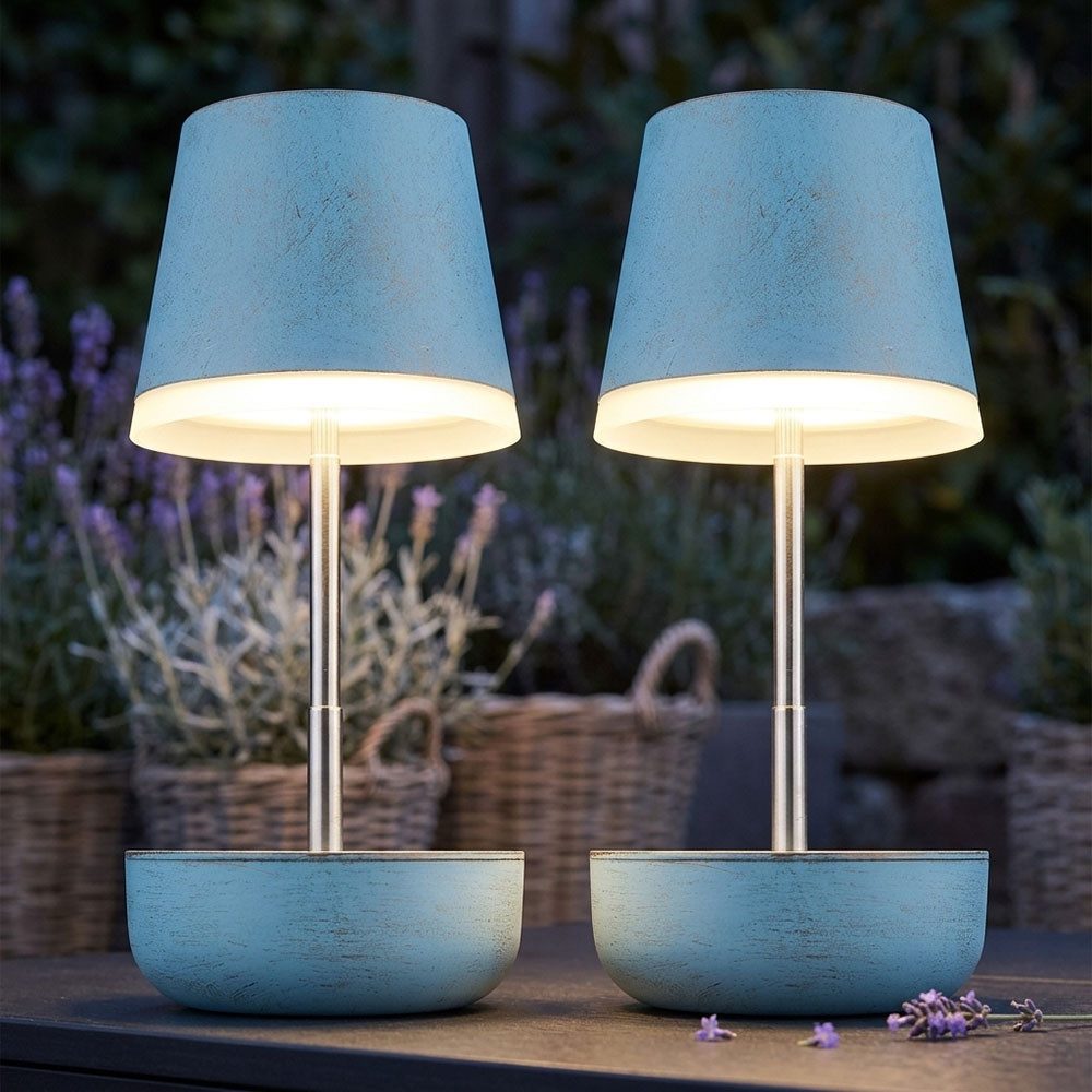 GLOBO LIGHTING LED Außen-Tischleuchte, LED-Leuchtmittel fest verbaut, Warmweiß, Tischlampe Solarleuchte Außen Höhenverstellbar blau LED 2er Set