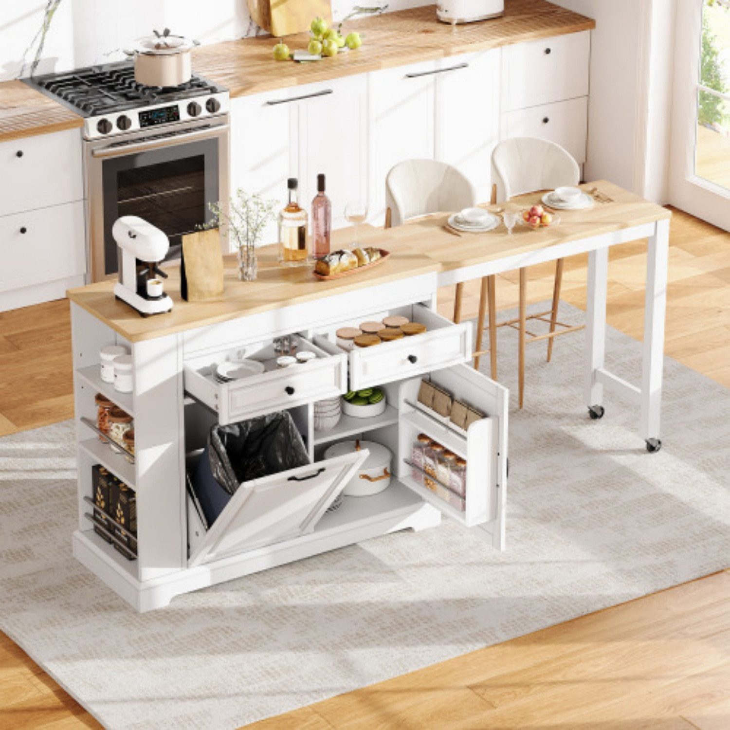 ANYSUN Kücheninsel ausziehbar, mit Rollen, Schubladen & Abfallbehälterfach, 112–180 cm Arbeitsfläche, freistehend, für Küche & Esszimmer