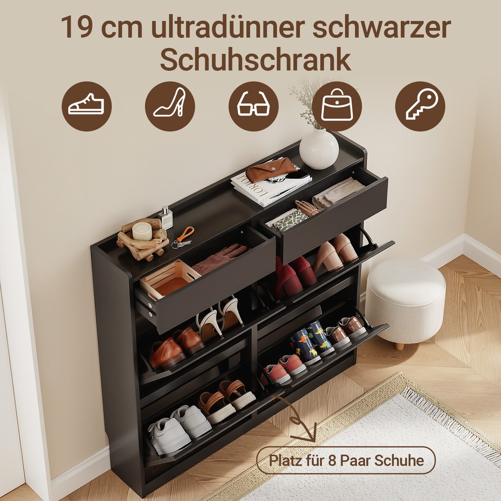 SoBuy Schuhkipper FSR169, Schuhablage, Schuhschrank schmal, Schuhregal, Schuhkommode, Schuhkipper, 19 cm tief, mit 2 Schubladen, für Kleine Wohnungen, Flure