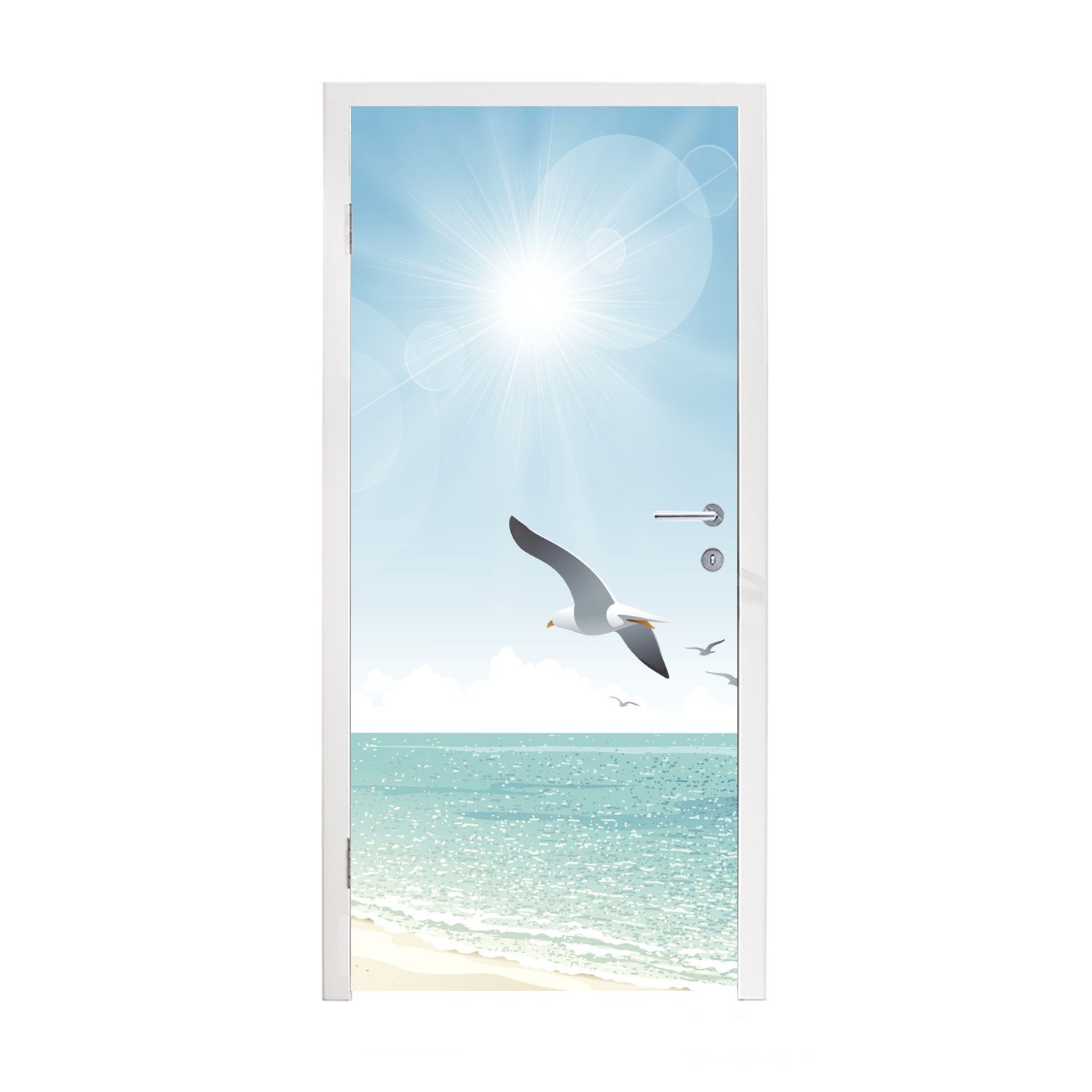 MuchoWow Türtapete Eine Illustration eines klaren blauen Himmels über dem Strand, Matt, bedruckt, (1 St), Fototapete für Tür, Türaufkleber, 75x205 cm