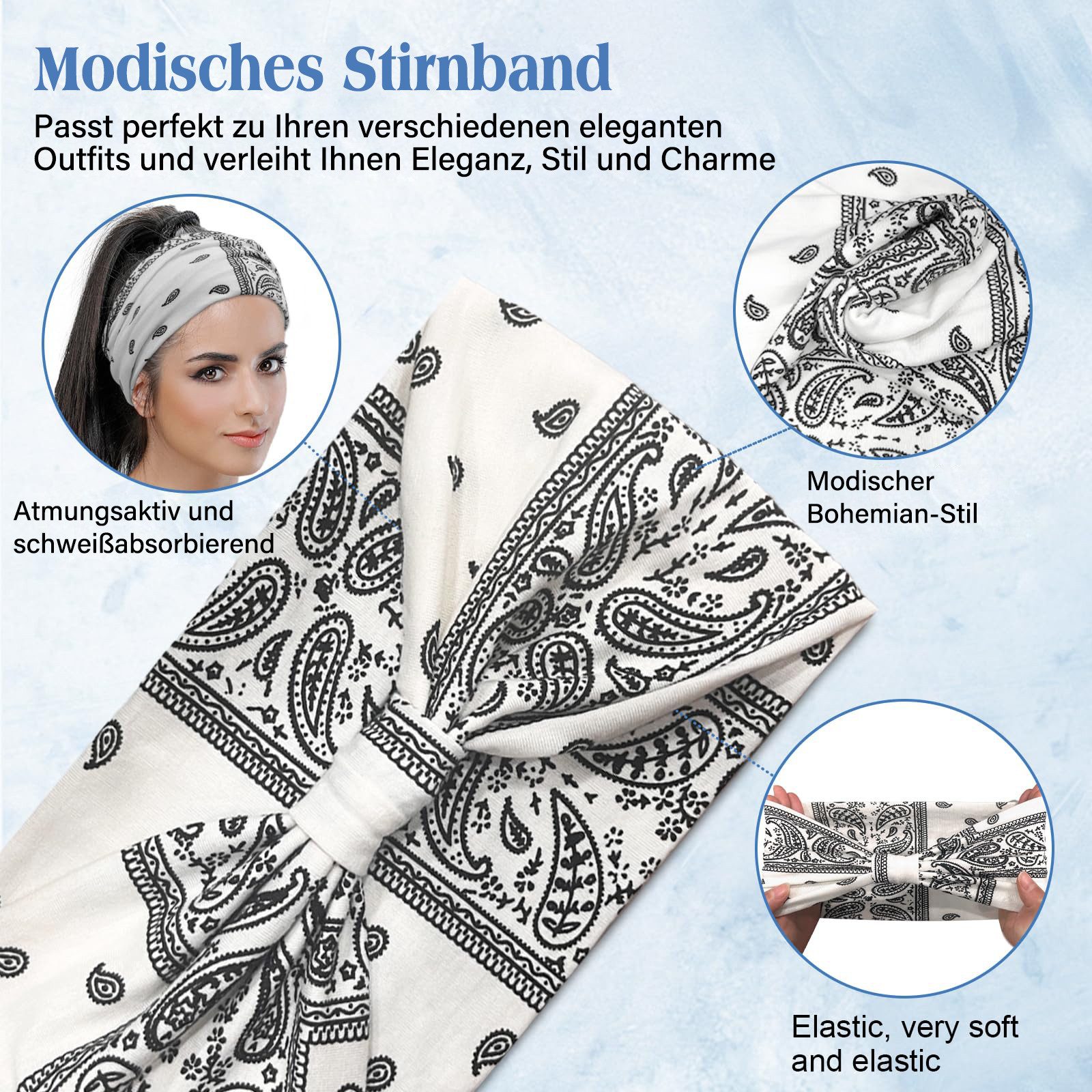 MOPUEA Haarband 6er Set Haarbänder Damen breite elastische weiche Boho-Stirnbänder, 6-tlg.