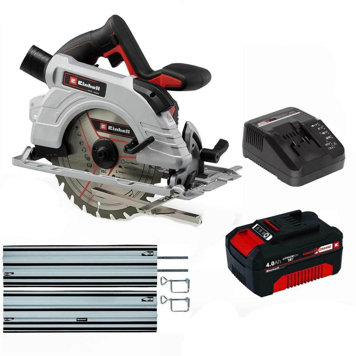 Einhell Akku-Handkreissäge Handkreissäge TP-CS 18/190 Li BL 18Vmit Akku 4.0 Ah Ladegerät Schiene