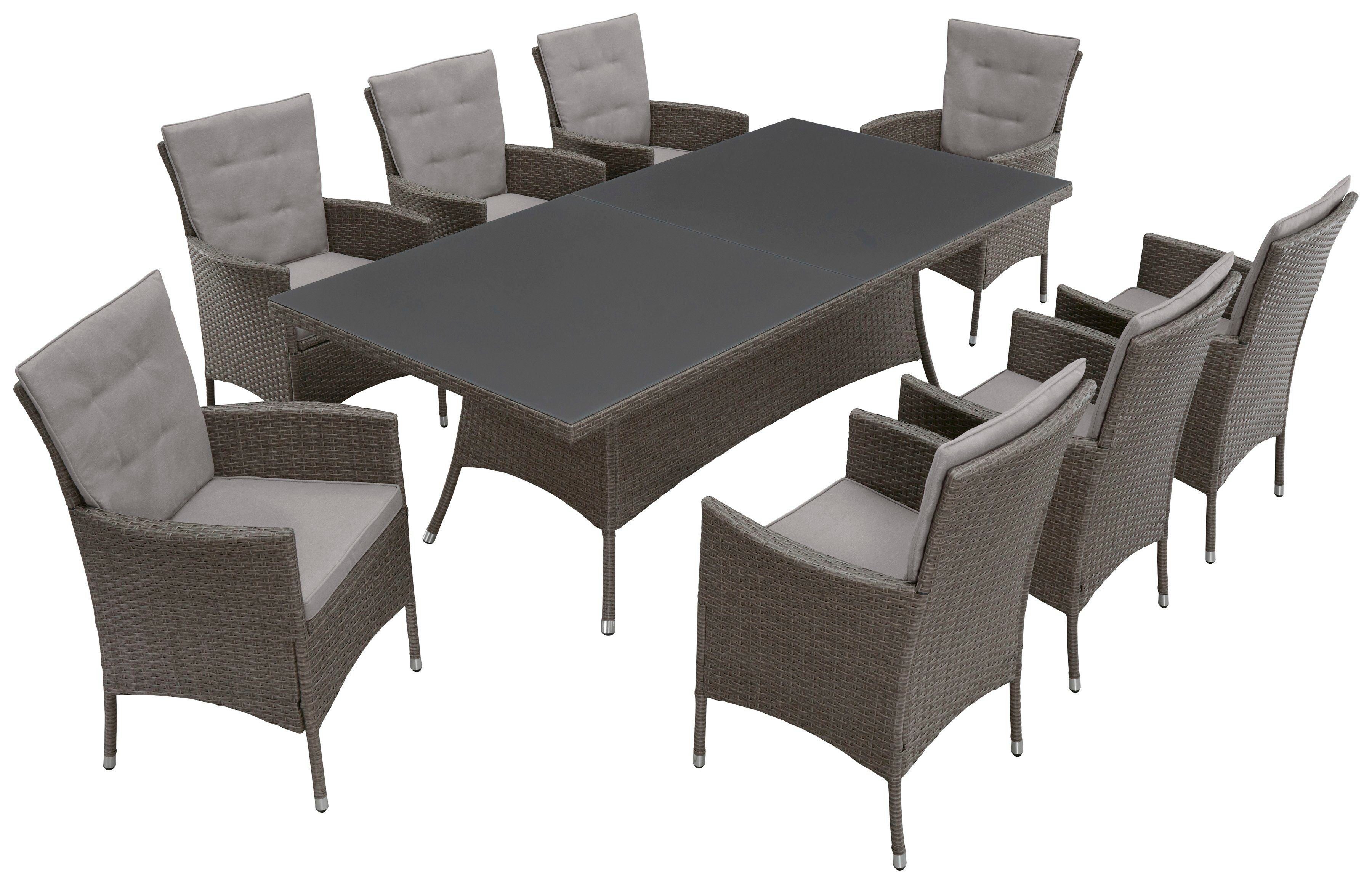 KONIFERA Garten-Essgruppe Mailand, (Set, 25-tlg., 8x Sessel, 8x Sitzauflage, 8x Rückenauflage, 1x Tisch), Polyrattan, verzinkter Stahl, Ablagefläche unter der Tischplatte