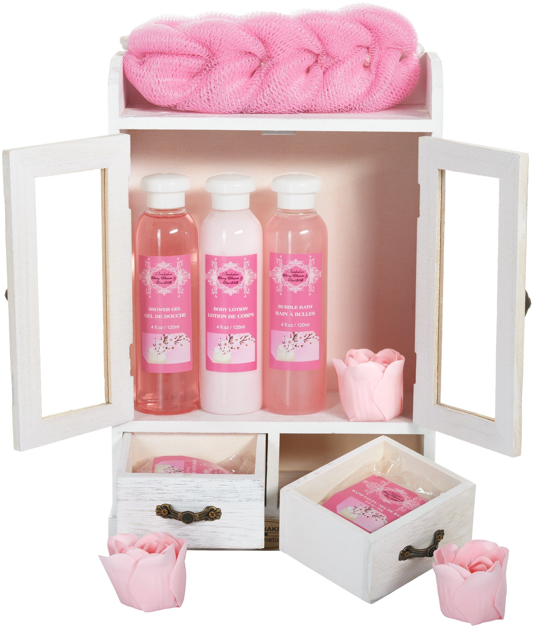BRUBAKER Hautreinigungs-Set Bade- und Dusch Set, Badeset mit Kirsch Duft, Pflegeset, 10-tlg., Frauen Geschenkset im Vintage-Schränkchen, reinigend und pflegend