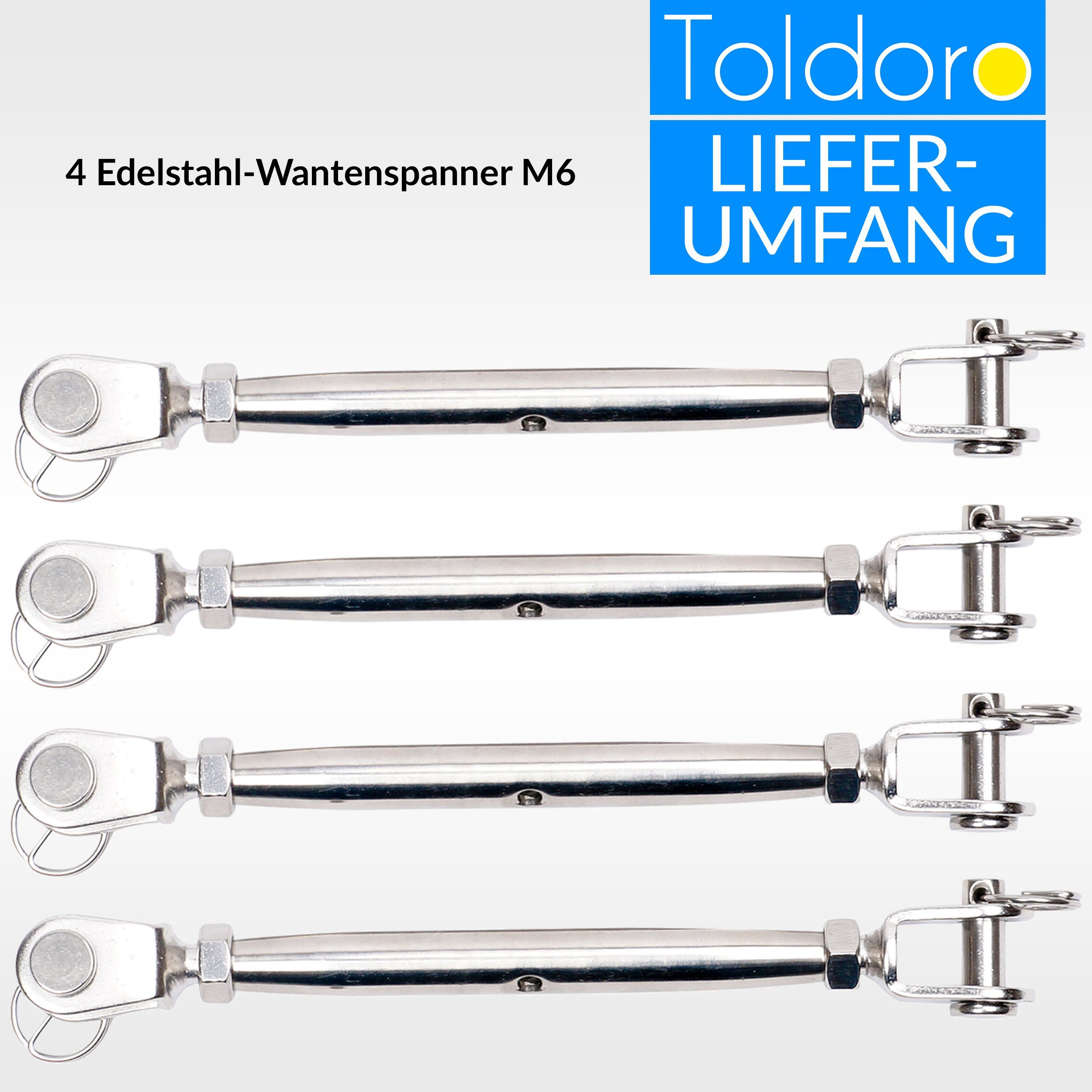 Drahtspanner geschlossene Edelstahl Wantenspanner Stück Gabel/Gabel Drahtspanner Toldoro Spannschloss Wantenspanner 4-tlg., Seilspanner, Seilspanner 4 rostfrei M6 Form, V4A M6 Spannschloss, Toldoro Spannschloss Sonnensegelspanner, Gabel/Gabel Edelstahl 4x