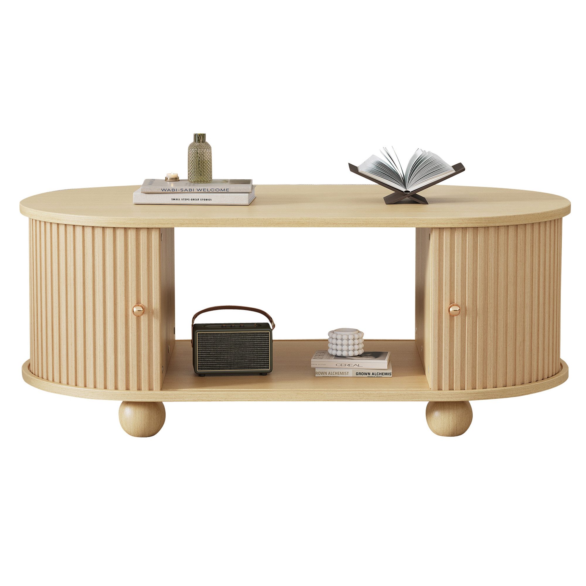REDOM Couchtisch Beistelltisch mit Bauhaus‑Design Rolltüren (Satztisch, Wohnzimmertisch Beistelltisch, 1-St., 2 Schiebetür), ovale Form, Vertikale gestreifte Schranktüren