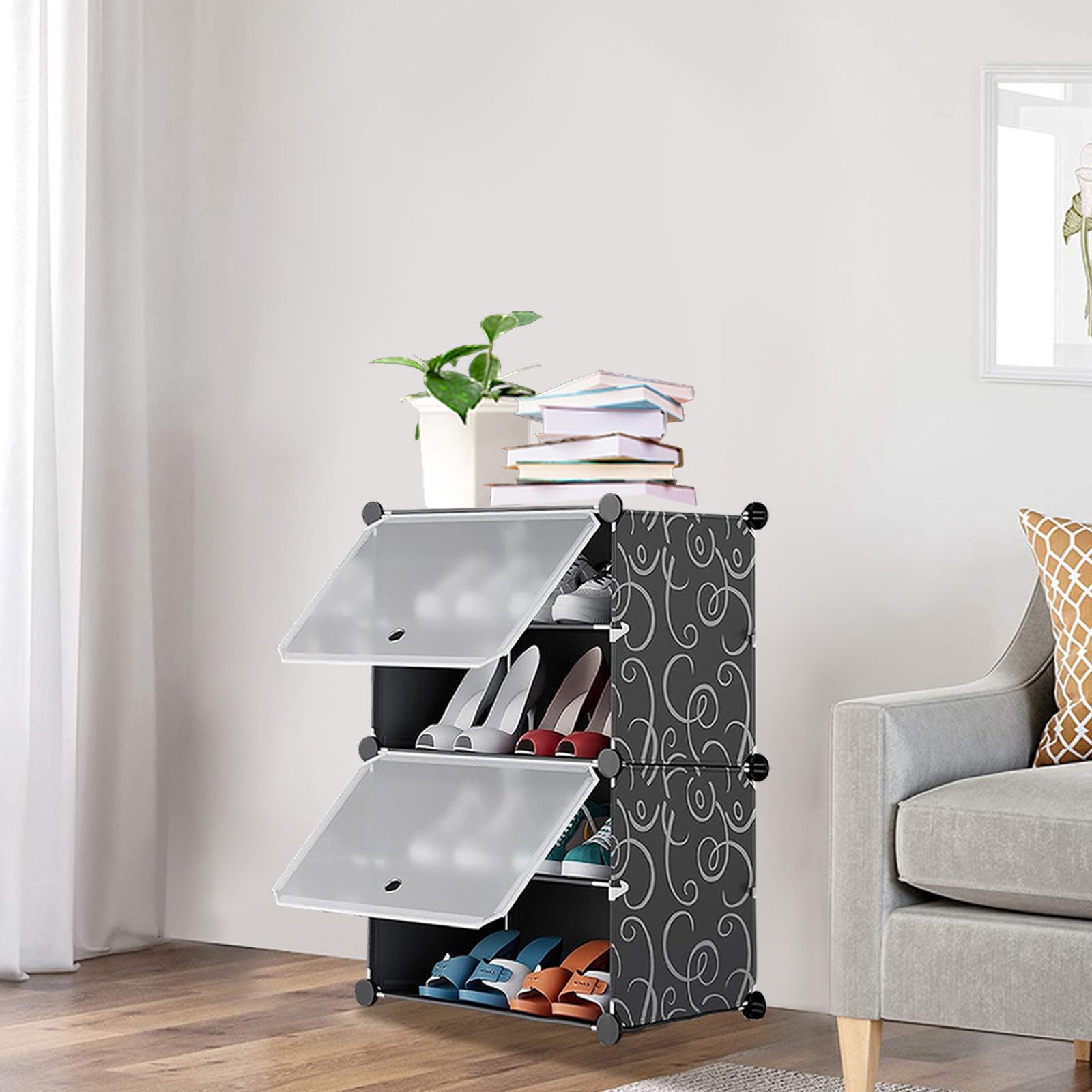 JEOBEST Schuhregal Schuhschrank mit 4/8 Fächern Steckregal Schuh-Organizer, Schuhregale aus Kunststoff mit durchsichtig Türen, DIY-Regal