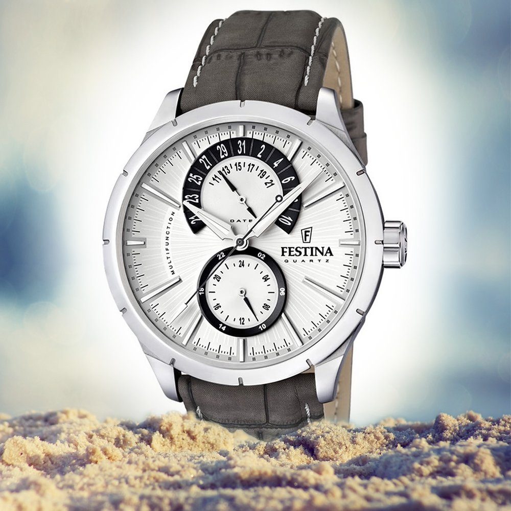 Uhr Elegant Festina schwarz F16573/X, grau Herren Lederarmband Armbanduhr rund, Multifunktionsuhr Herren UF16573/X Festina