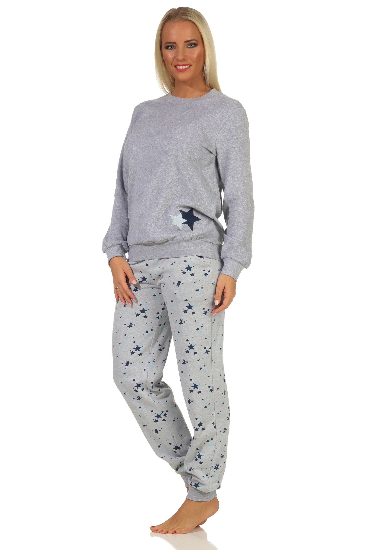 Normann Pyjama Damen Frottee Pyjama Motiv mit grau-melange als Sterne in Übergröße -auch Bündchen