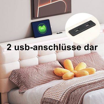 REDOM Polsterbett Doppelbett Stauraumbett (140 * 200 ohne Matratze, Gepolstertes Plattformbett mit Stauraum), Gepolstertes LED-Bettgestell mit 4 Schubladen und 2 USB-Ladestationen