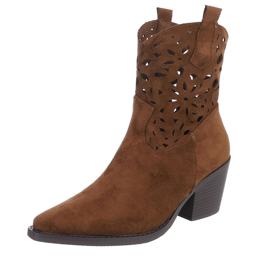 Ital-Design Elegante Stiefeletten mit Ausschnitt für Damen in Alltag und Freizeit Sommerboots (91117078) Blockabsatz Stiefeletten in Braun