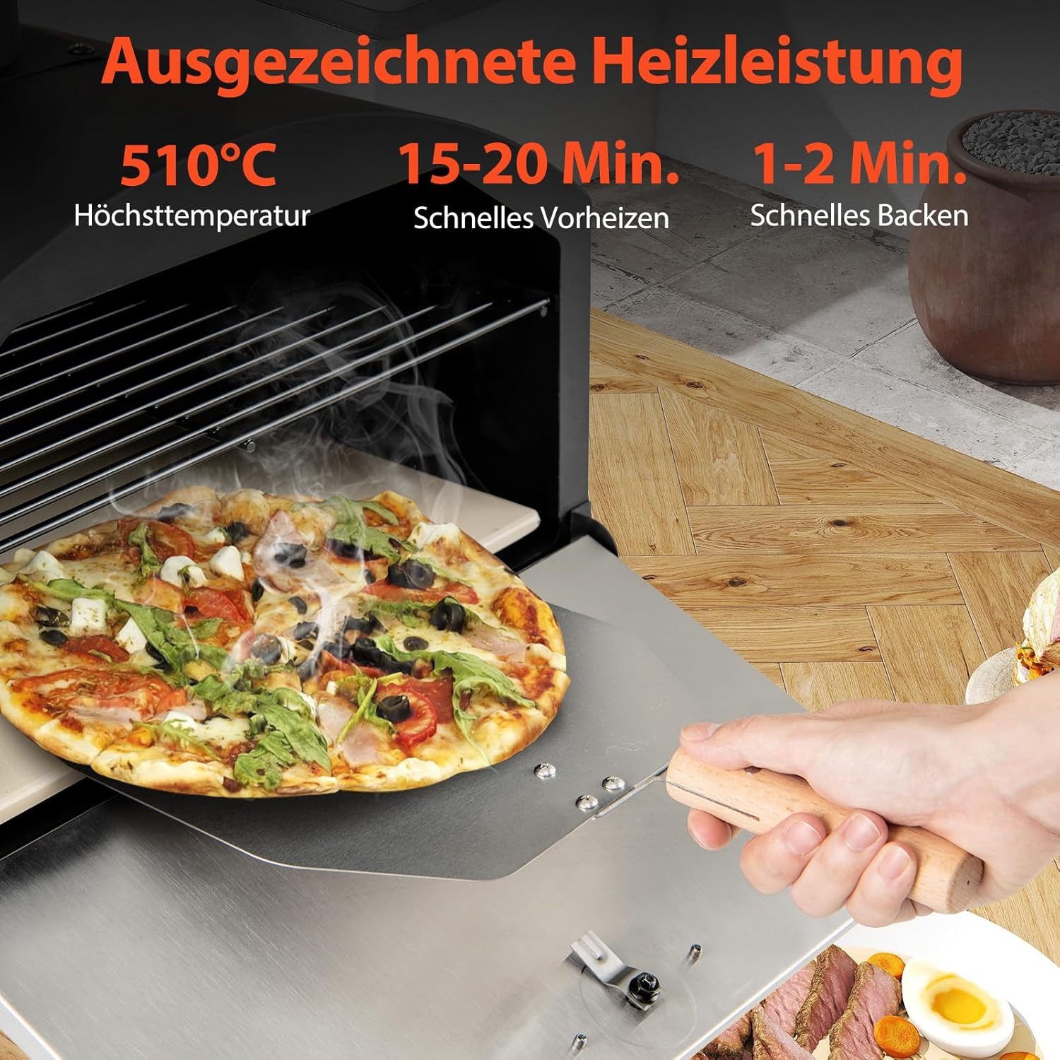 KOMFOTTEU Pizzaofen doppelwandiger Pizza Ofen, mit Pizzaschaufel, Backrost und Pizzastein