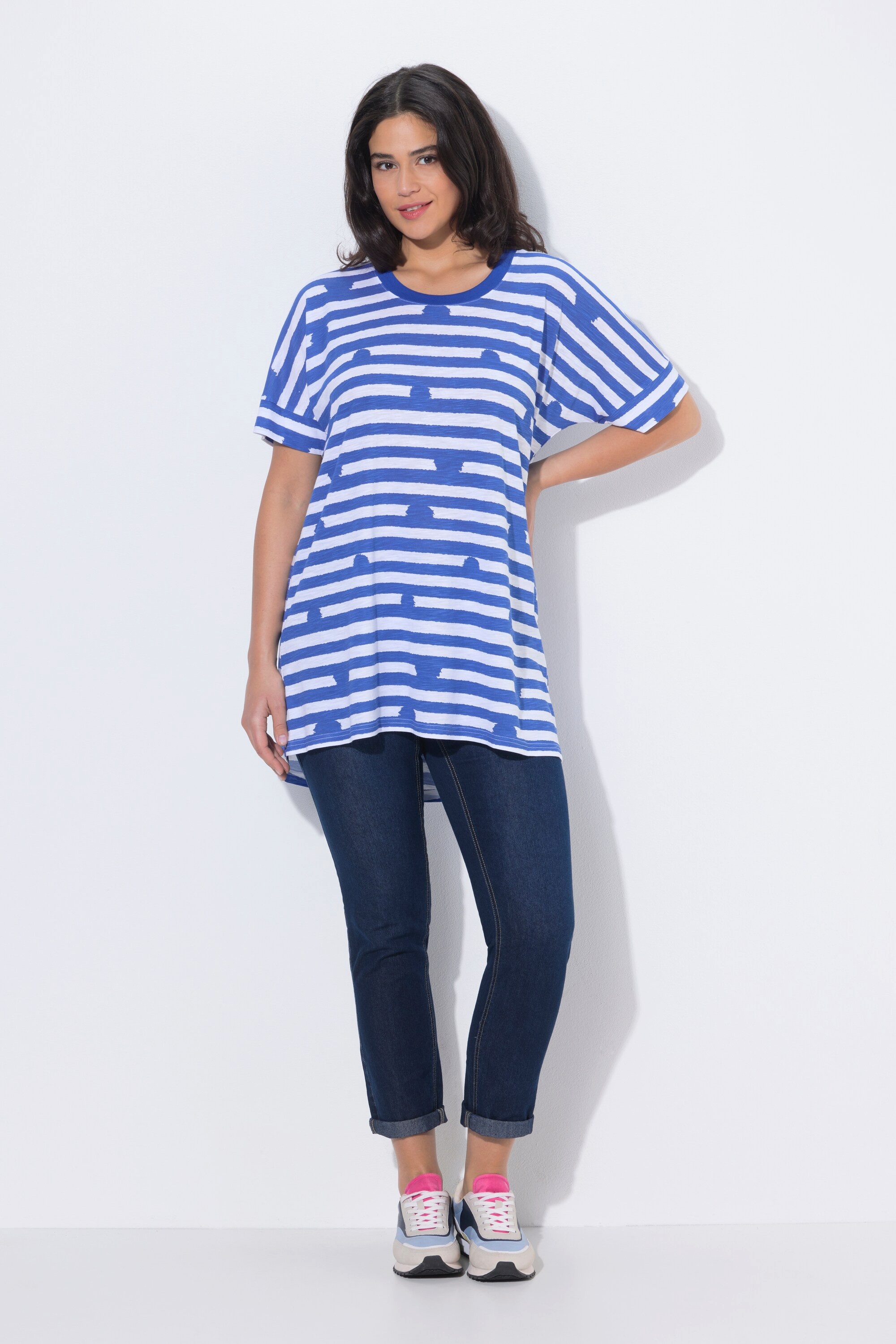Ulla Popken T-Shirt Longshirt Ringel/Tupfen Oversized Rundhals Halbarm günstig online kaufen