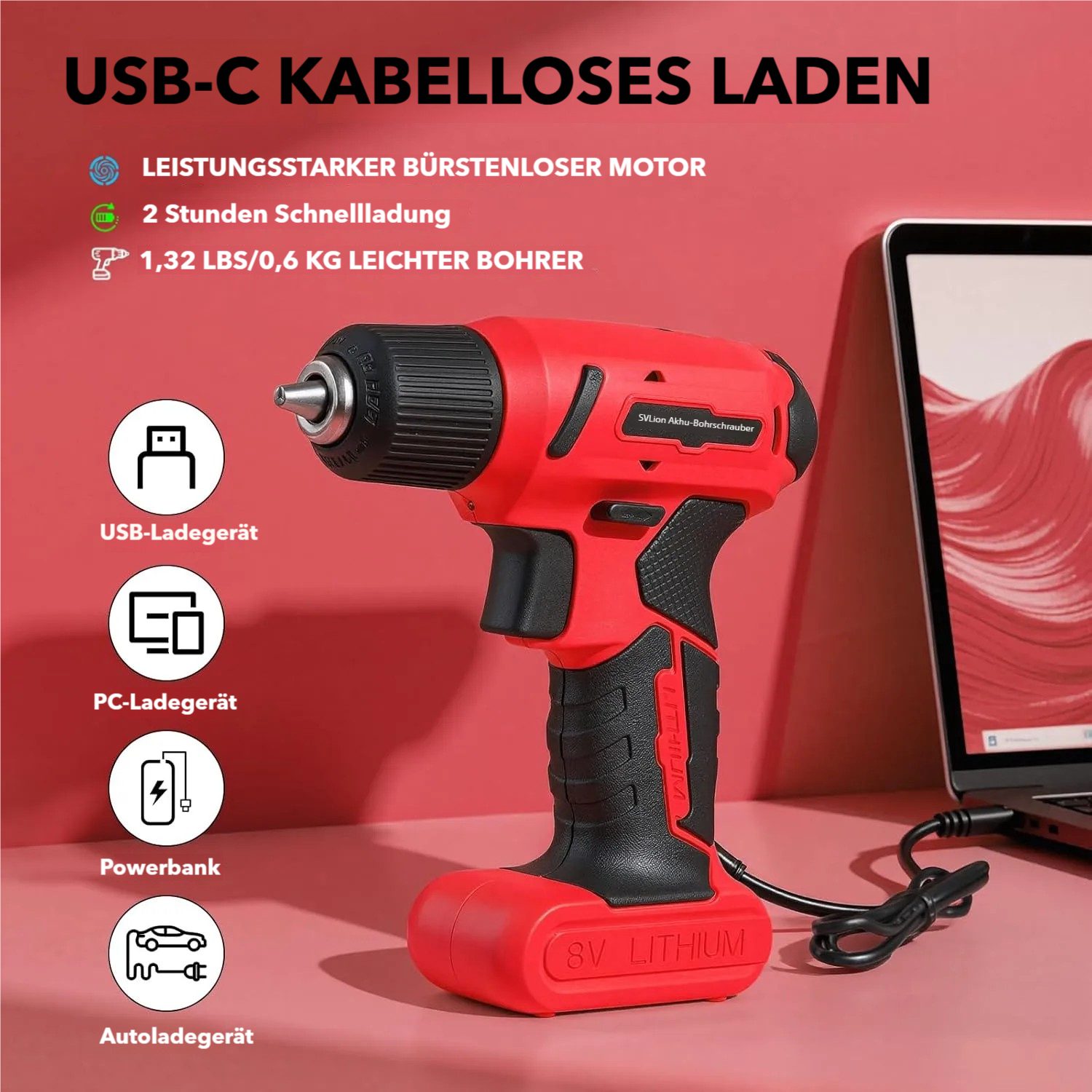 TLGREEN Akku-Bohrschrauber 8V Akkuschrauber Set,Akkubohrer mit 99PCS Werkzeugkoffer, max. 300 U/min, für DIY Reparaturen – Bild 2 von 5