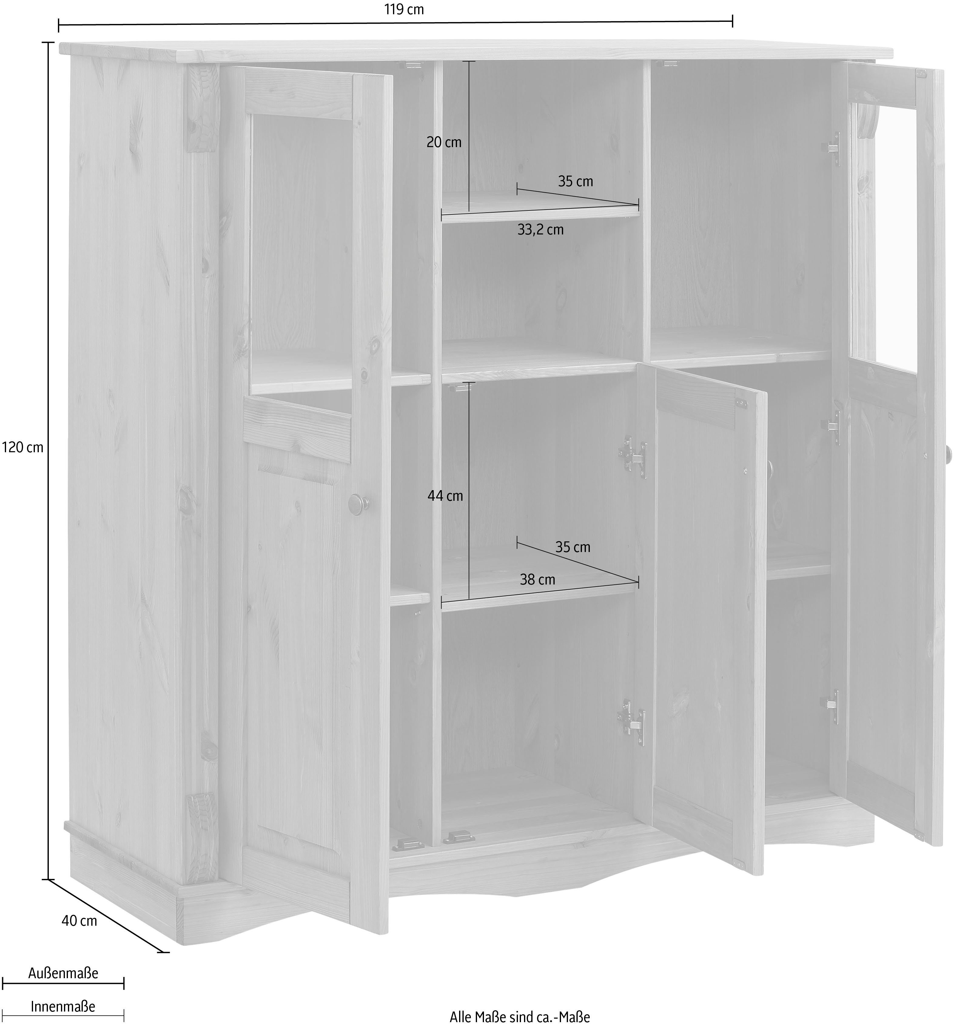 OTTO home Highboard Teresa (Maße (B/T/H): 119/40/120 cm), Vitrine, Türen mit Glaseinsätzen, aus massiver Kiefer, FSC®