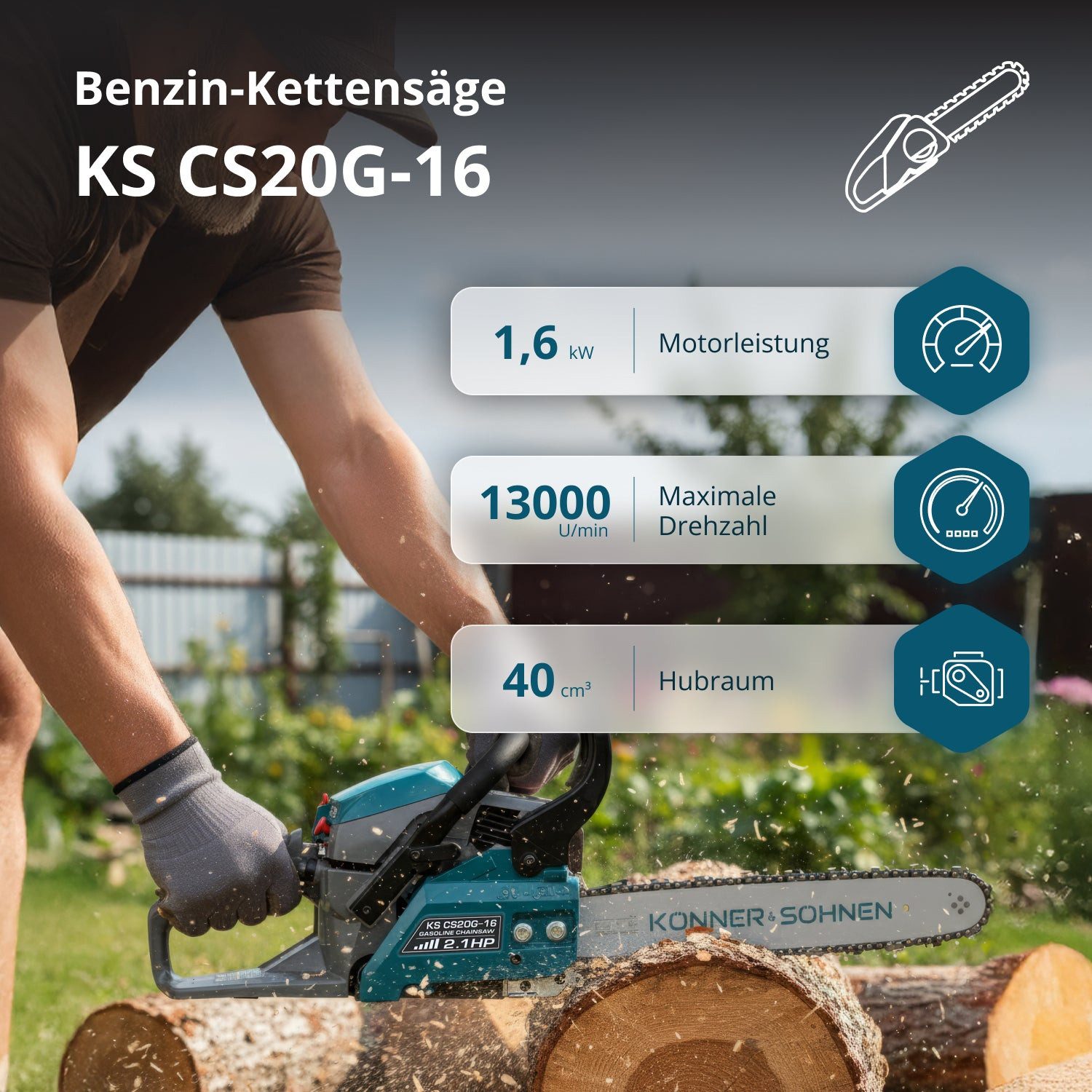 Könner & Söhnen Benzin-Kettensäge KS CS20G-16, 1-tlg., mit 1,6 kW Leistung, 40 cm Schwert, Trägheitsbremse und automatischer STOP-Taste