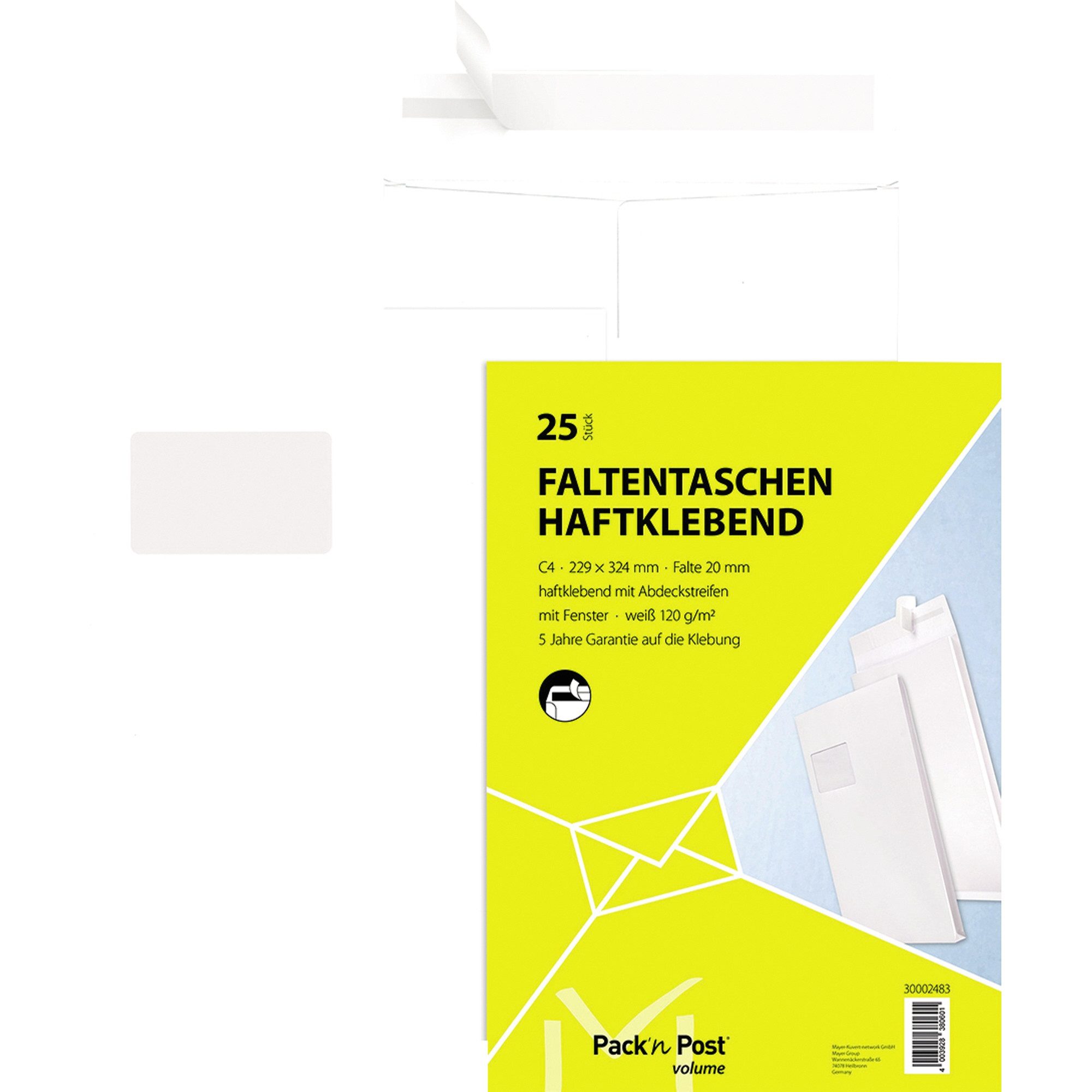 Versandtasche Faltentasche 30002483 C4 125g mit Fenster haftklebend weiß 25 Stück.