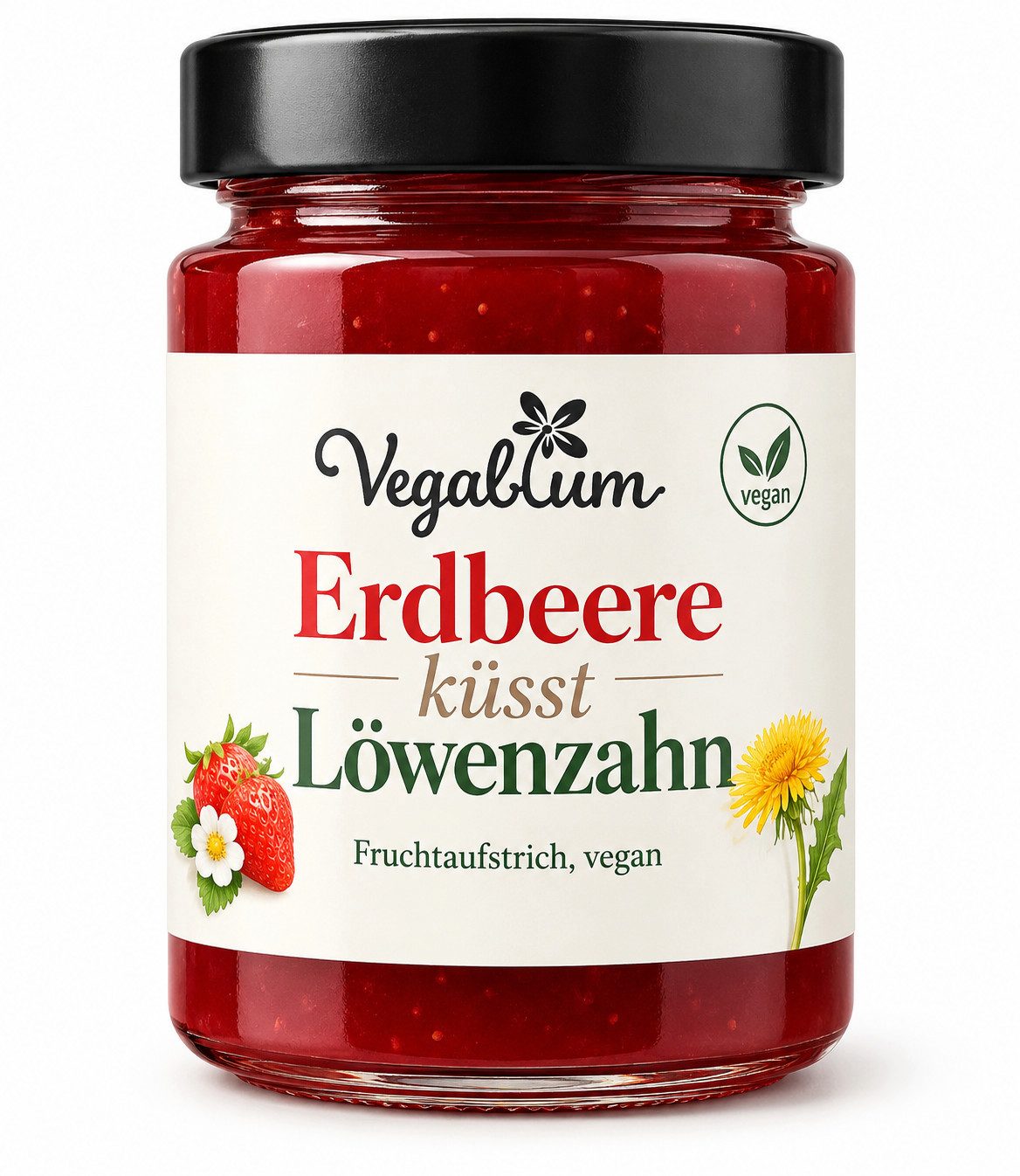Vegablum Fruchtaufstrich Erdbeere küsst Löwenzahn, veganer Aufstrich im Glas, 1 x 200,00 g, 40 % Erdbeeren und 2 % Löwenzahnextrakt, vegan