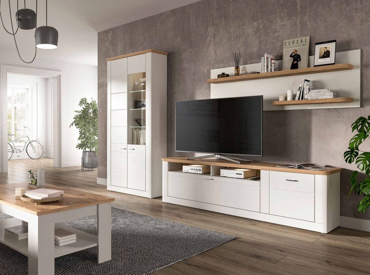 xonox.home Vitrine MODERN TIMES, Nox Eiche Dekor, Weiß matt, 2 Türen, B 94 x H 205 x T 37 cm