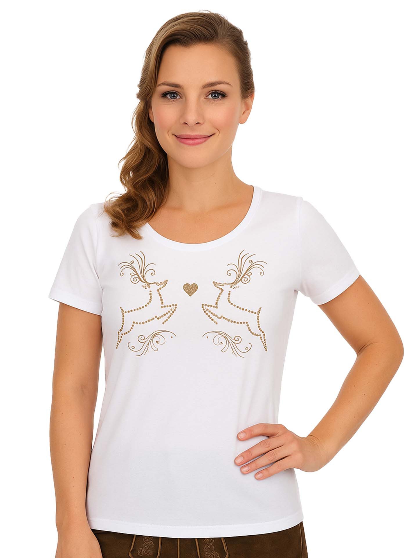 Moschen-Bayern Trachtenshirt Trachtenshirt Damen Shirt Trachten T-Shirt Hirsch Baumwolle Weiß T-Shirt