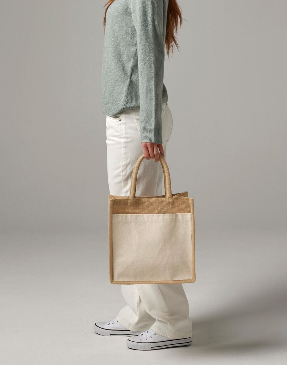 Westford Mill Einkaufsshopper Cotton Pocket Natural Starched Jute Midi Bag Einkaufstasche – Bild 2 von 4