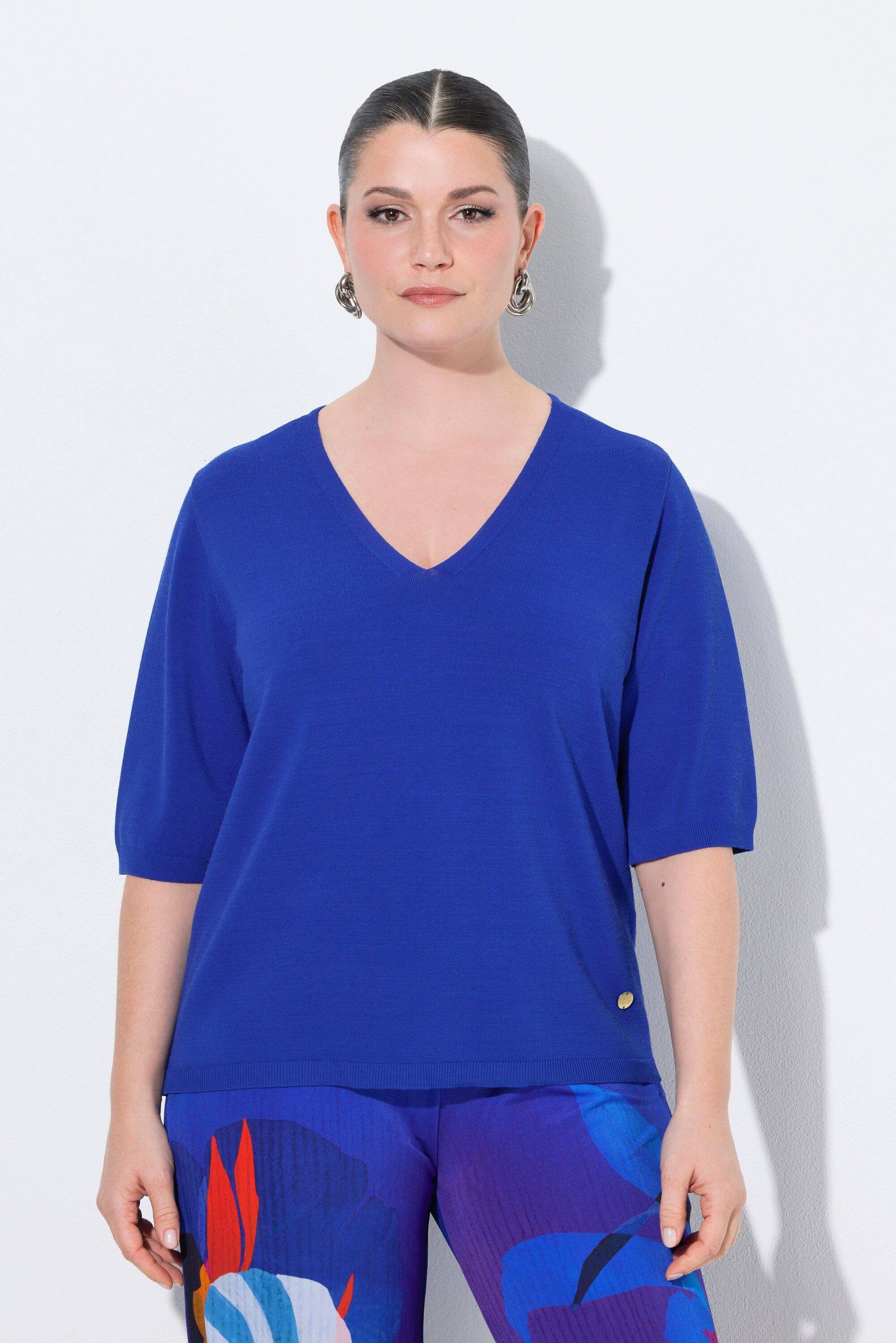 Ulla Popken Strickpullover Pullover elastischer Saum V-Ausschnitt Halbarm