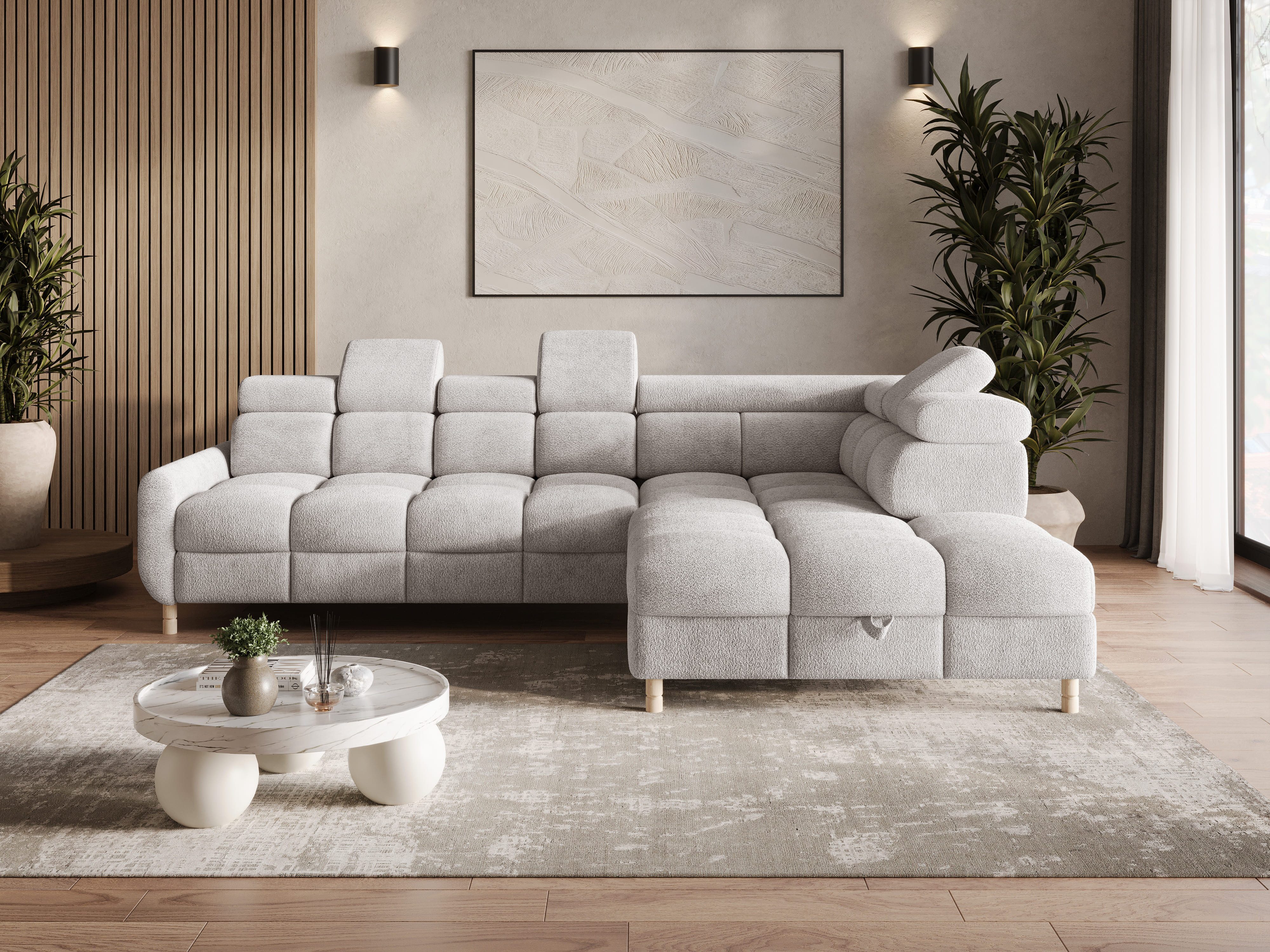MOEBLO Ecksofa BUN aus Bouclé, mit Schlaffunktion, Bettkasten und verstellbaren Kopfstützen – modernes Polsterecksofa für Wohnzimmer, Eckcouch Wohnlandschaft Sofa mit Ottomane Eckgarnitur Polsterecke, (BxHxT): 276 x 78 x 209 cm