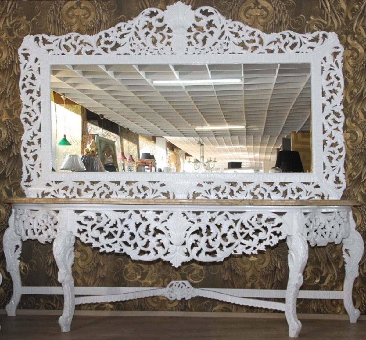 Padrino Konsole - Riesige Weiß Spiegelkonsole Casa Wohnzimmer cremefarbener mit mit Barockspiegel Barock Marmorplatte Möbel Spiegel Luxus