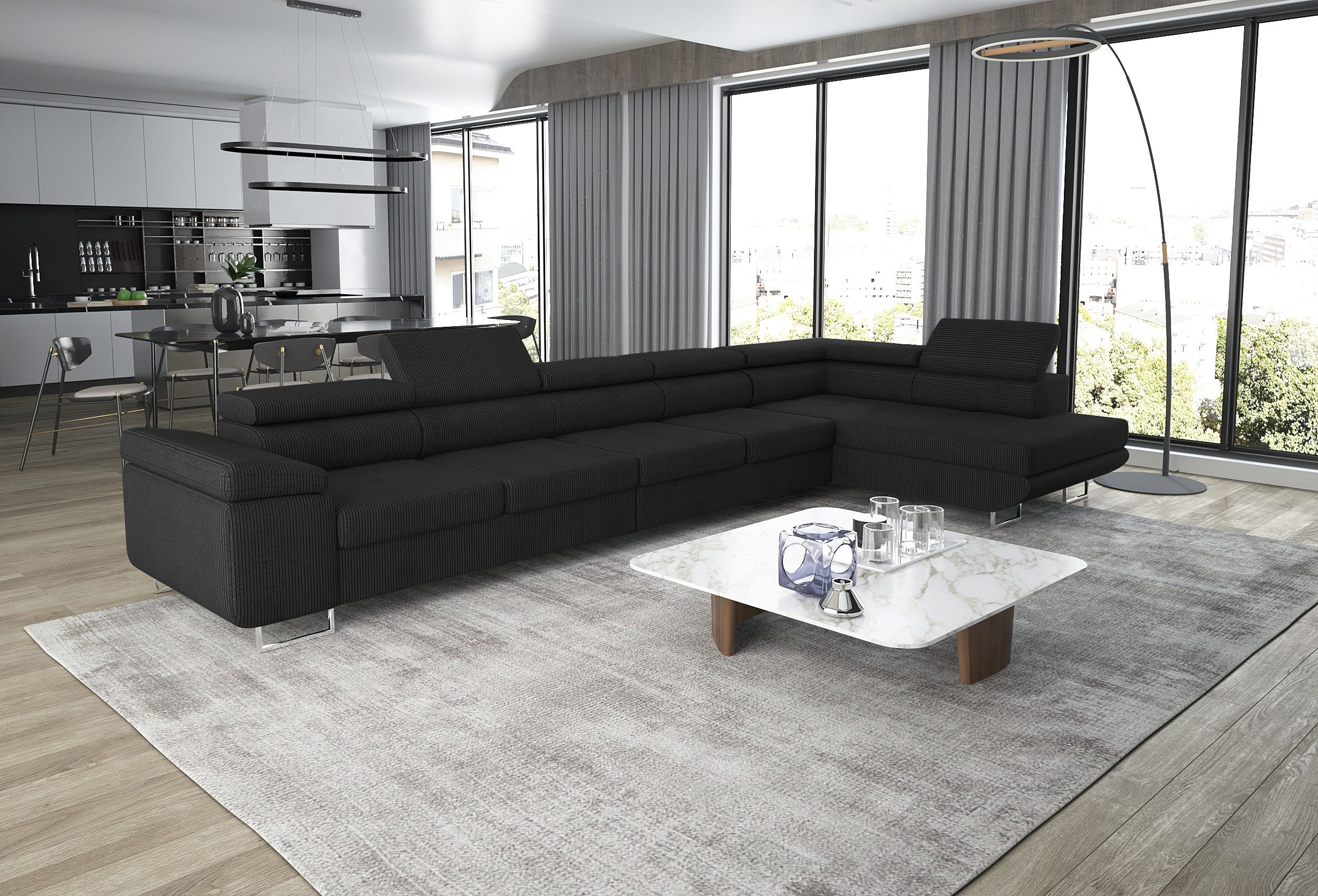 thematys Ecksofa ASTON MAXI 405 x 203cm mit Schlaffunktion & Bettkasten –, L-Sofa mit 5 verstellbaren Kopfstützen, Samt (Monolith), Cord (Poso) - L-Form, XL-Wohnlandschaft, 405 cm breit