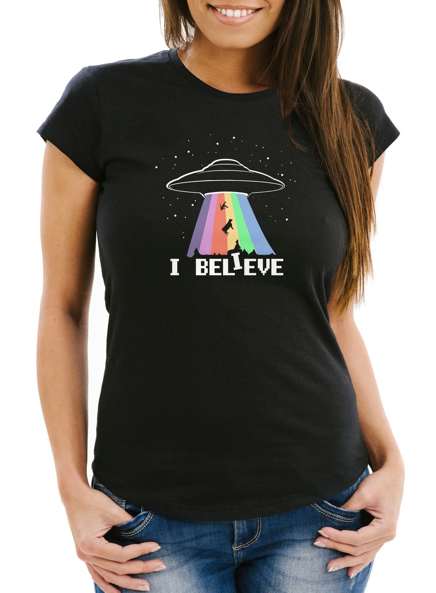 Print-Shirt Damen T-Shirt Ufo Rainbow I Believe Fun-Shirt Moonworks®