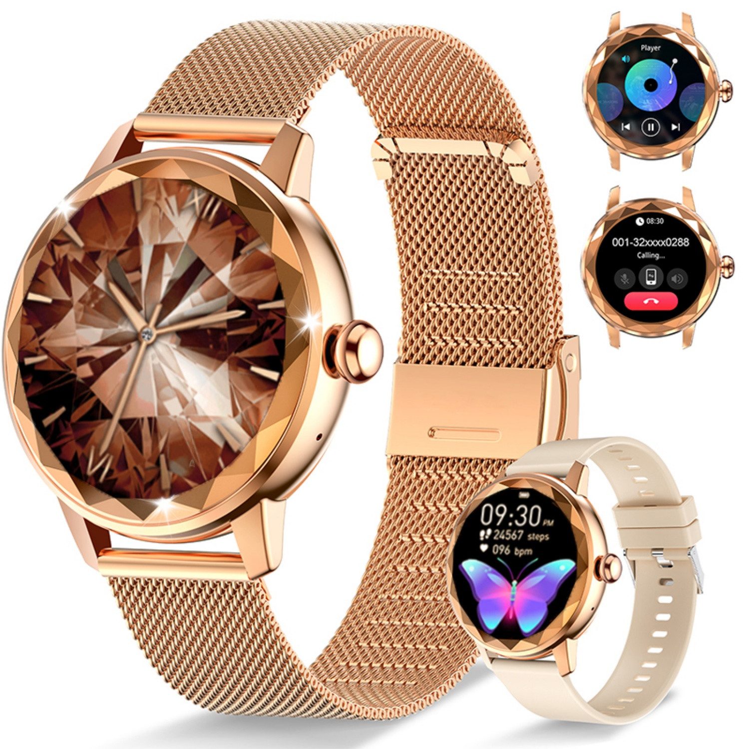 ibettertec Smartwatch Damen, mit Anruffunktion Smartwatch (Fitnessuhr mit Telefonfunktion/WhatsApp Notiz,Smartwatch Fitness Tracker Uhr IP68 Wasserdicht,1.2" HD Voll Touchscreen Fitnessuhr Tracker mit Blutsauerstoff/Pulsmesser/Sportuhr/Schrittzähler/Schla