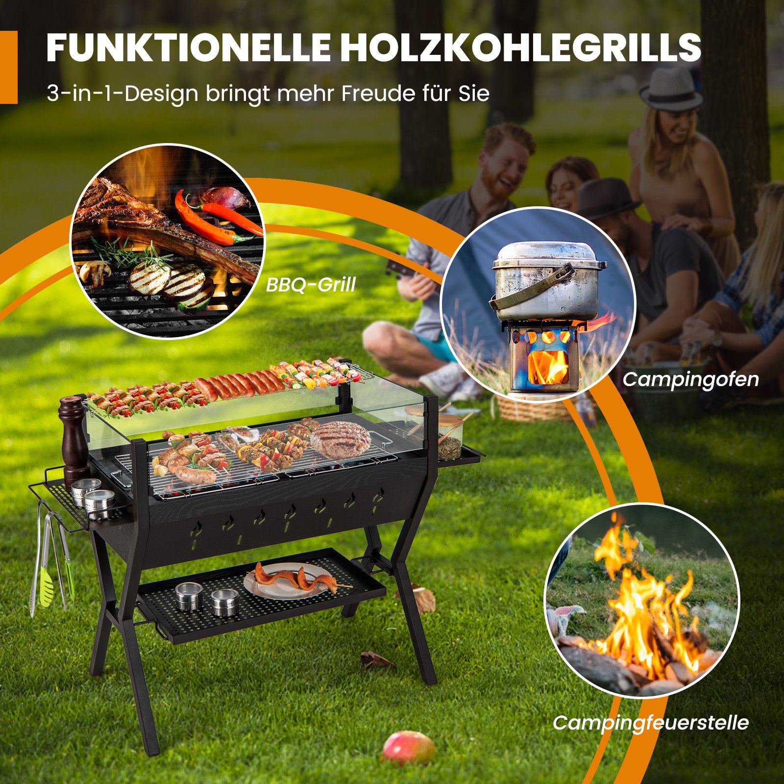 COSTWAY Holzkohlegrill, Campinggrill mit Würzregalen, BBQ-Grill aus Edelstahl