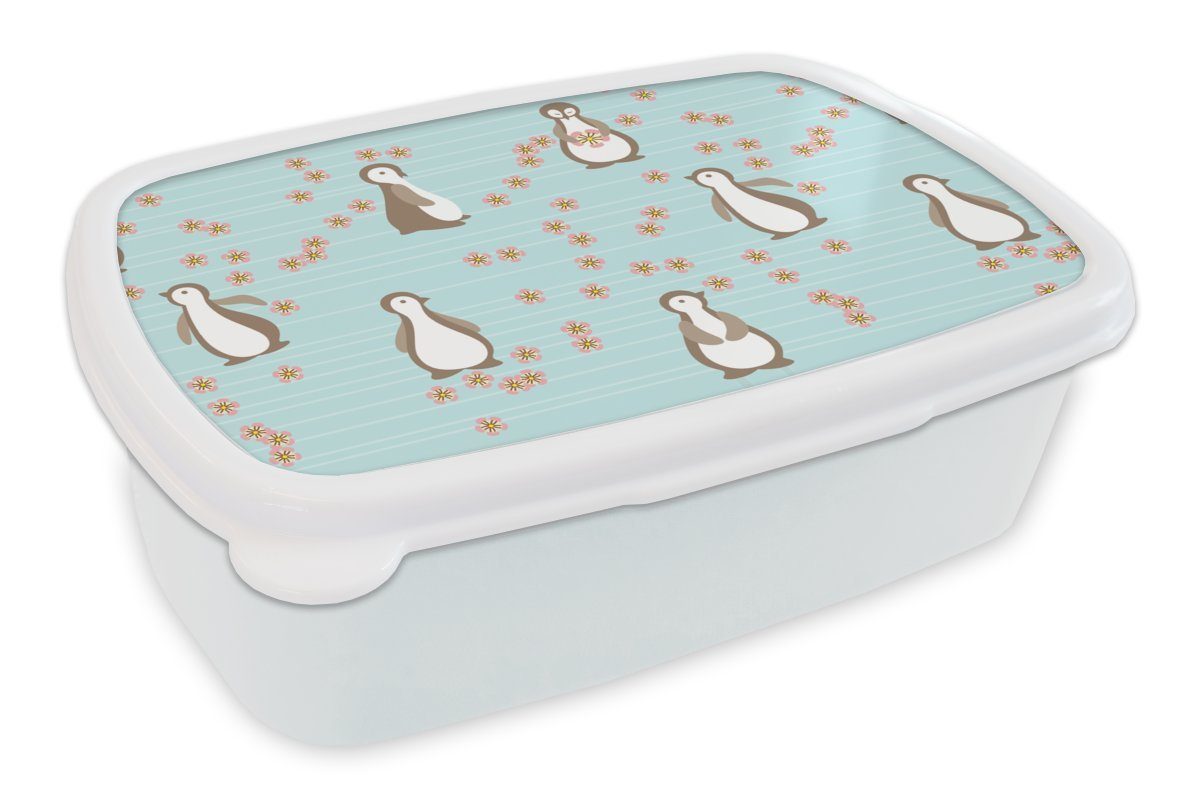 MuchoWow Lunchbox Blumen - Gestaltung - Pinguin, Kunststoff, (2-tlg), Brotbox für Kinder und Erwachsene, Brotdose, für Jungs und Mädchen weiß